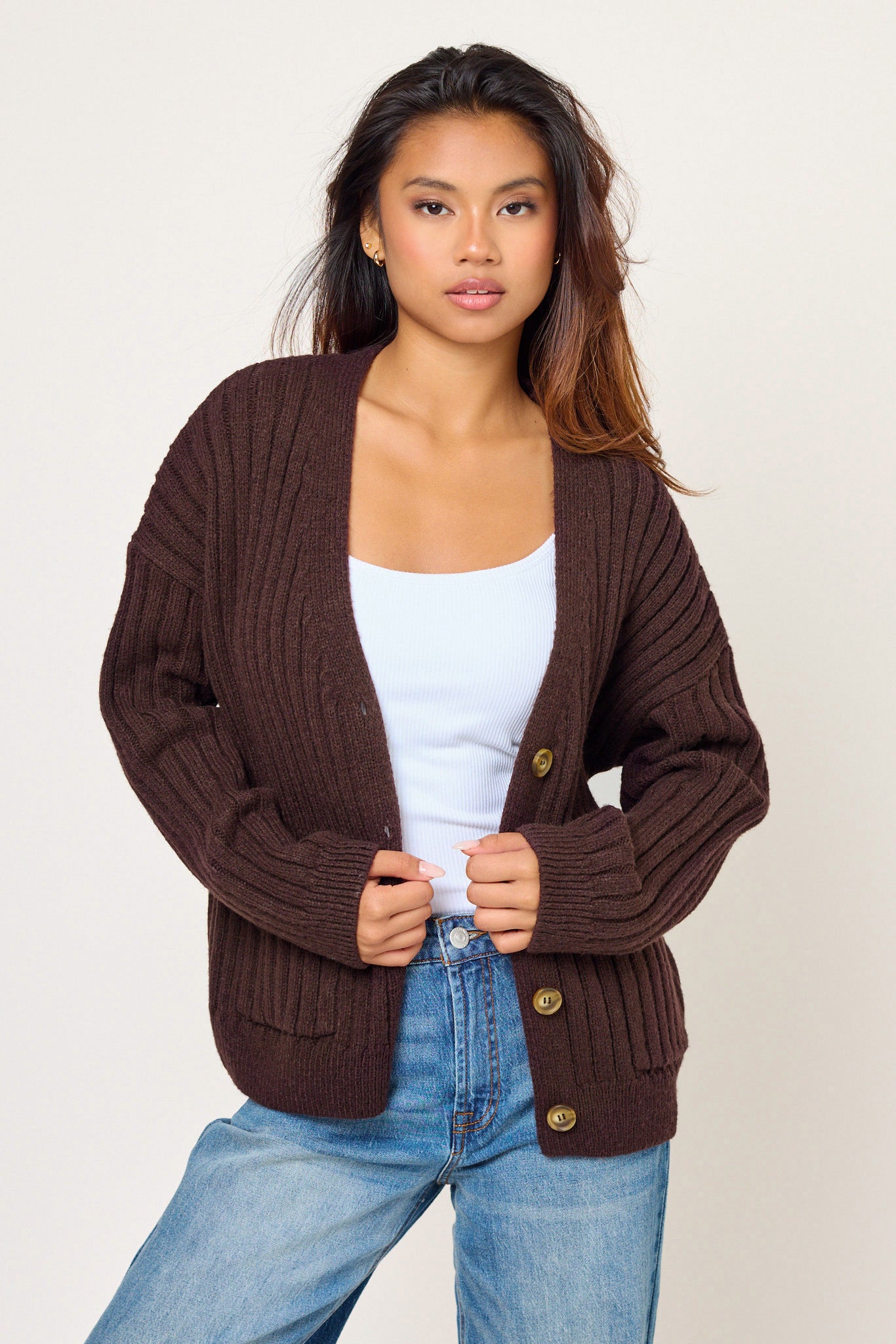 Hairy Ribbed Button-Front Cardigan