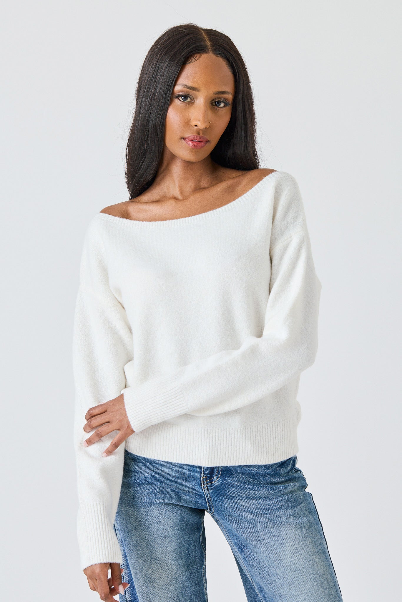 Brushed Yarn Off-Shoulder Sweater