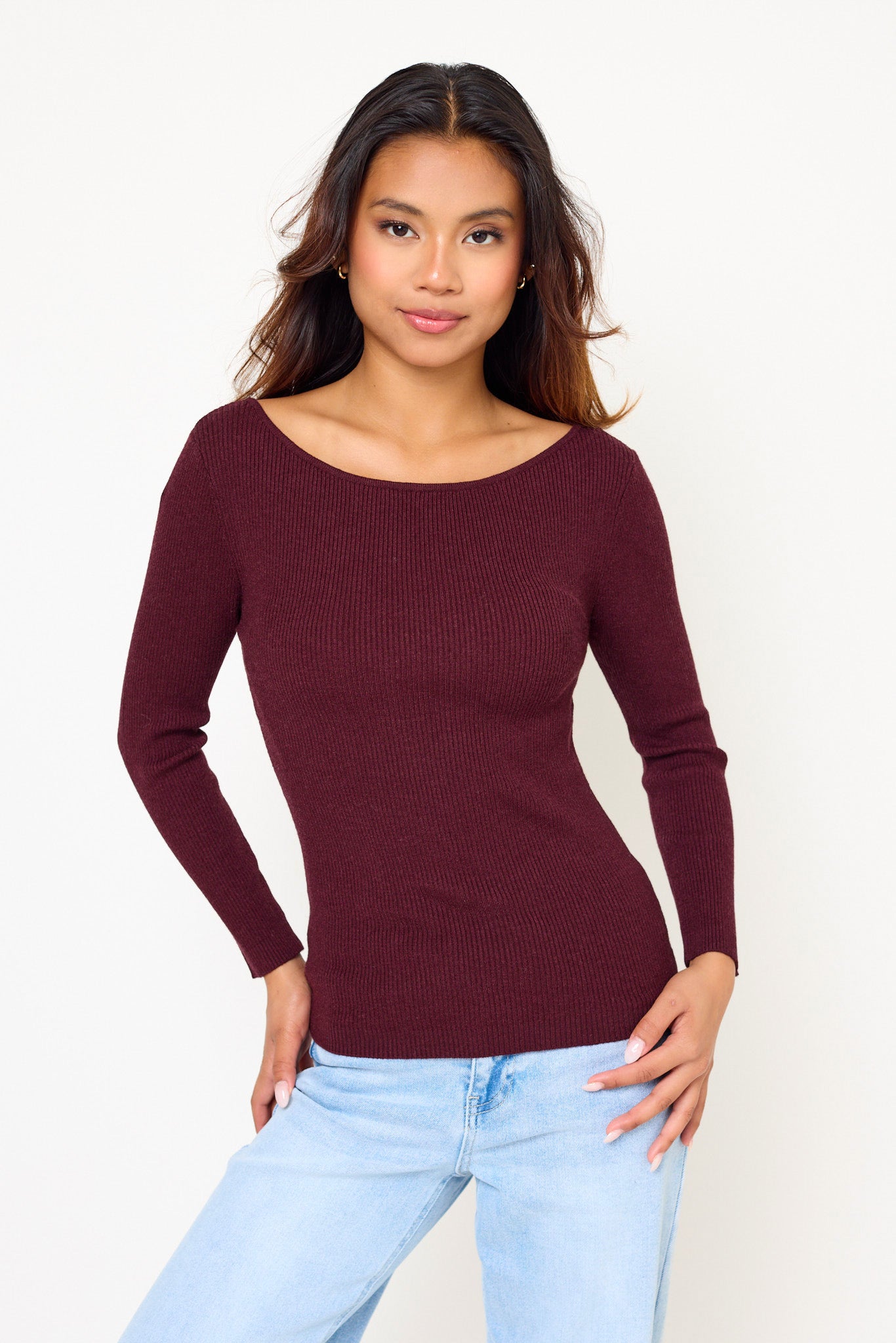 Ribbed Boat-Neck 3/4-Sleeve Top