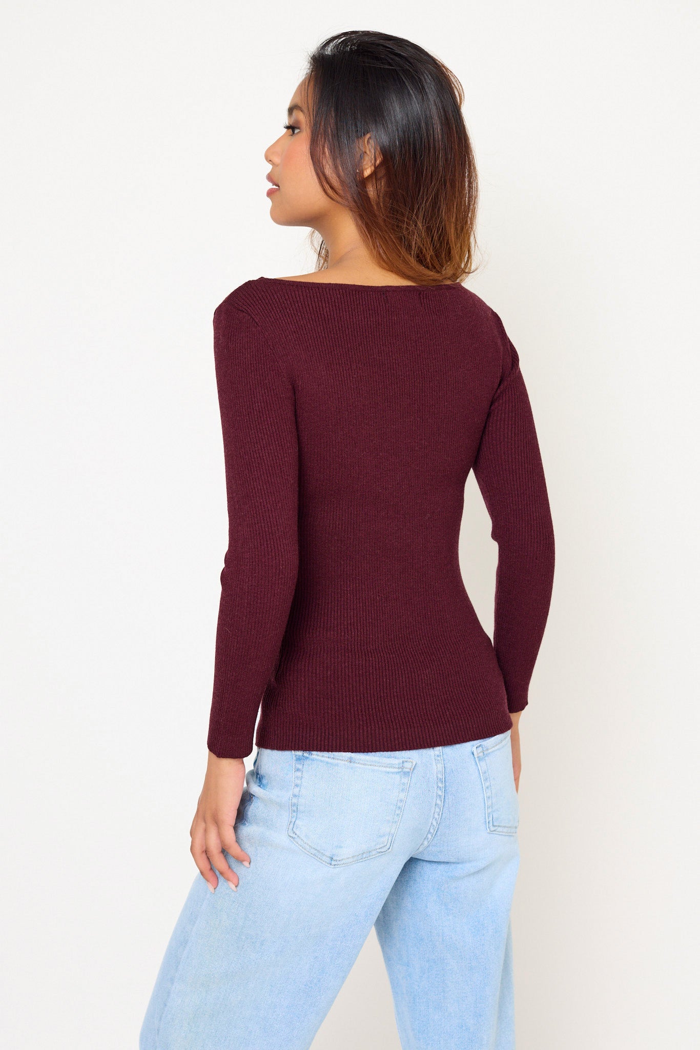 Ribbed Boat-Neck 3/4-Sleeve Top