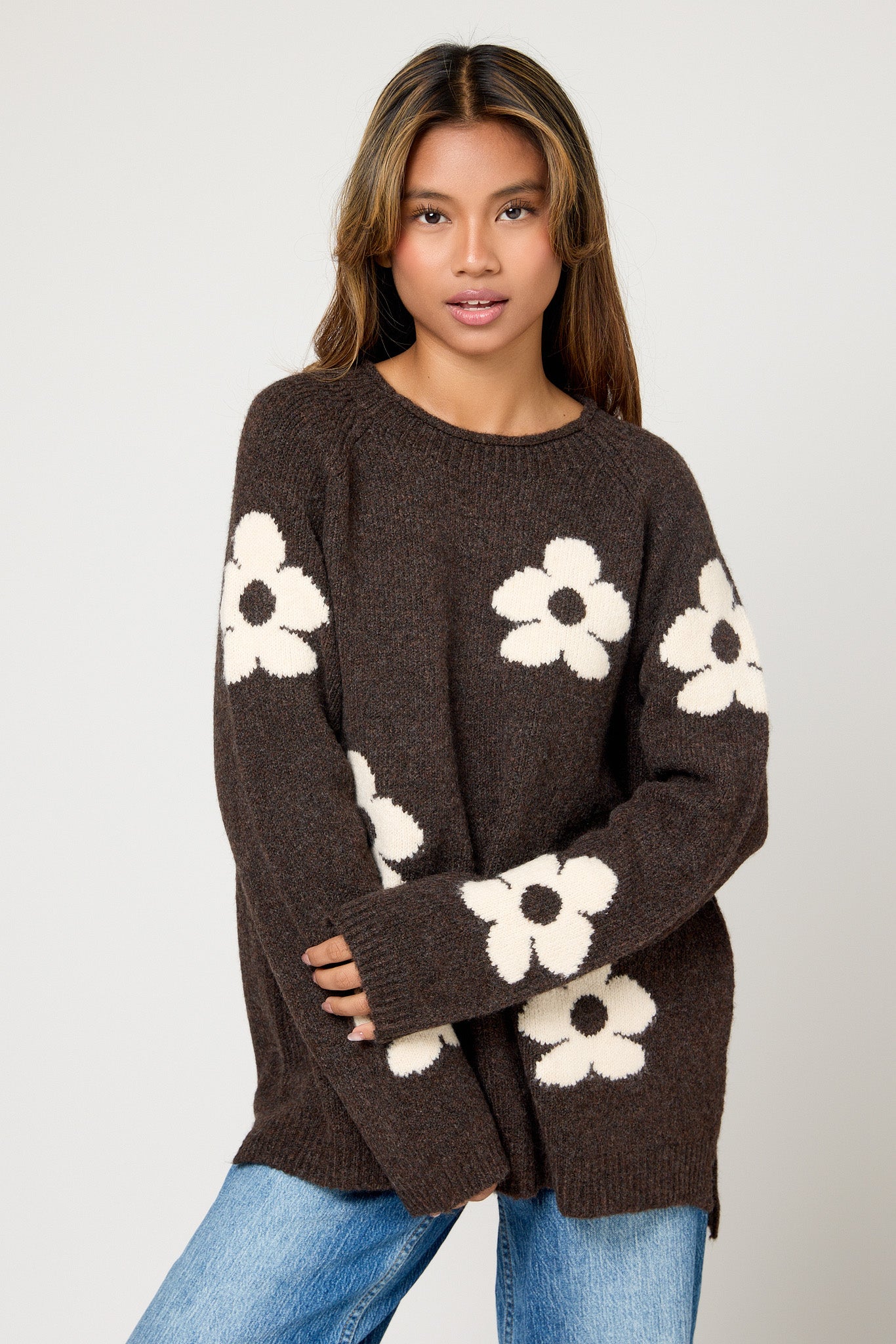 Marled Yarn Floral Roll Neck Sweater with Side Slits