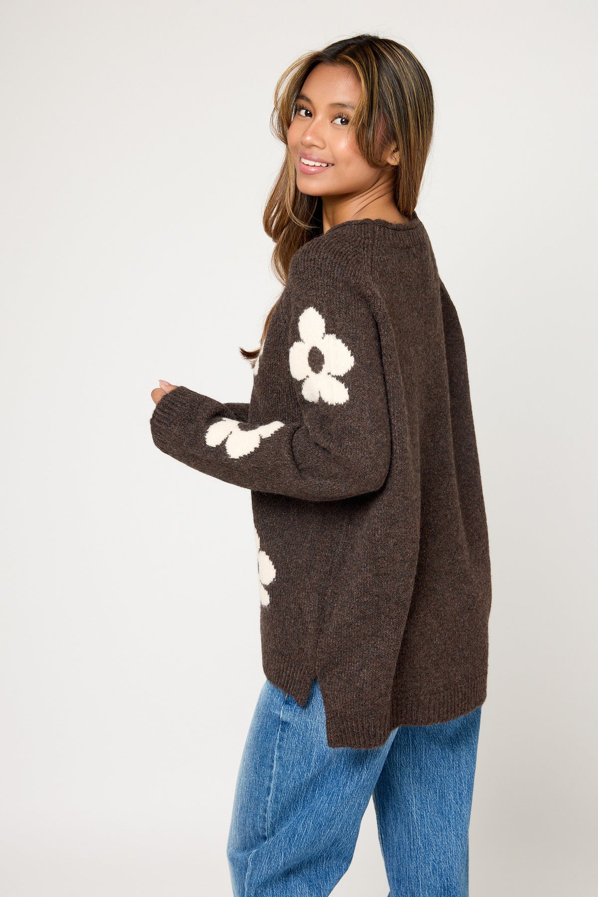Marled Yarn Floral Roll Neck Sweater with Side Slits