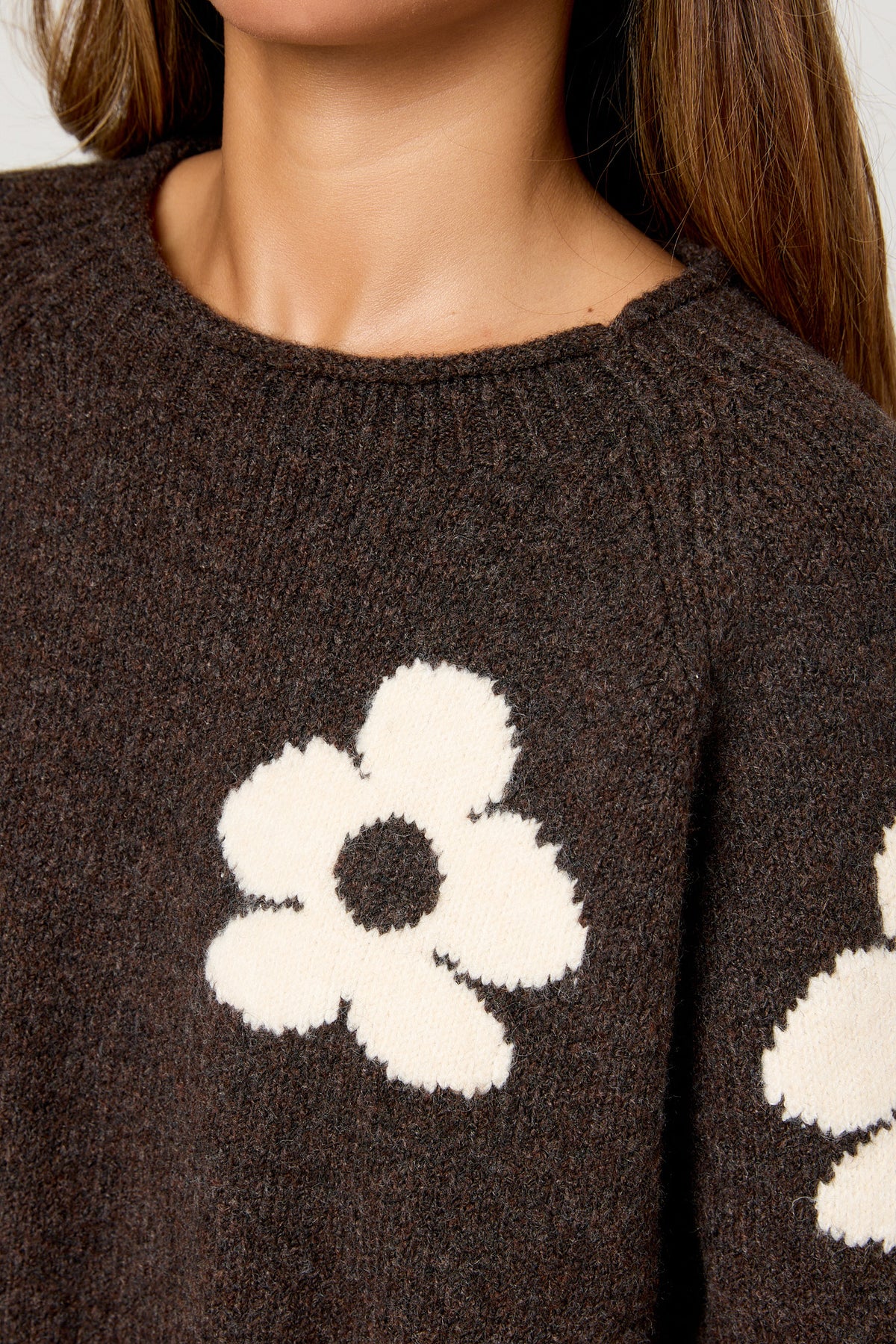 Marled Yarn Floral Roll Neck Sweater with Side Slits
