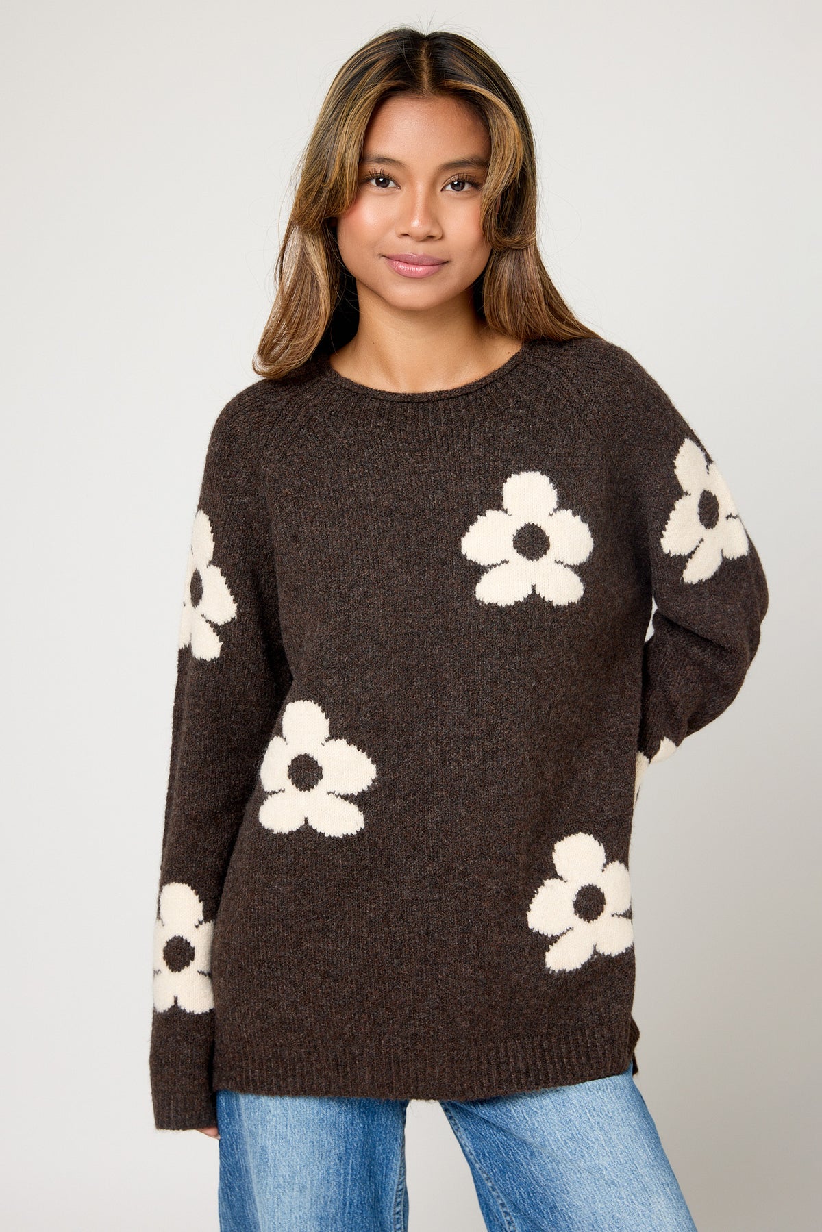 Marled Yarn Floral Roll Neck Sweater with Side Slits