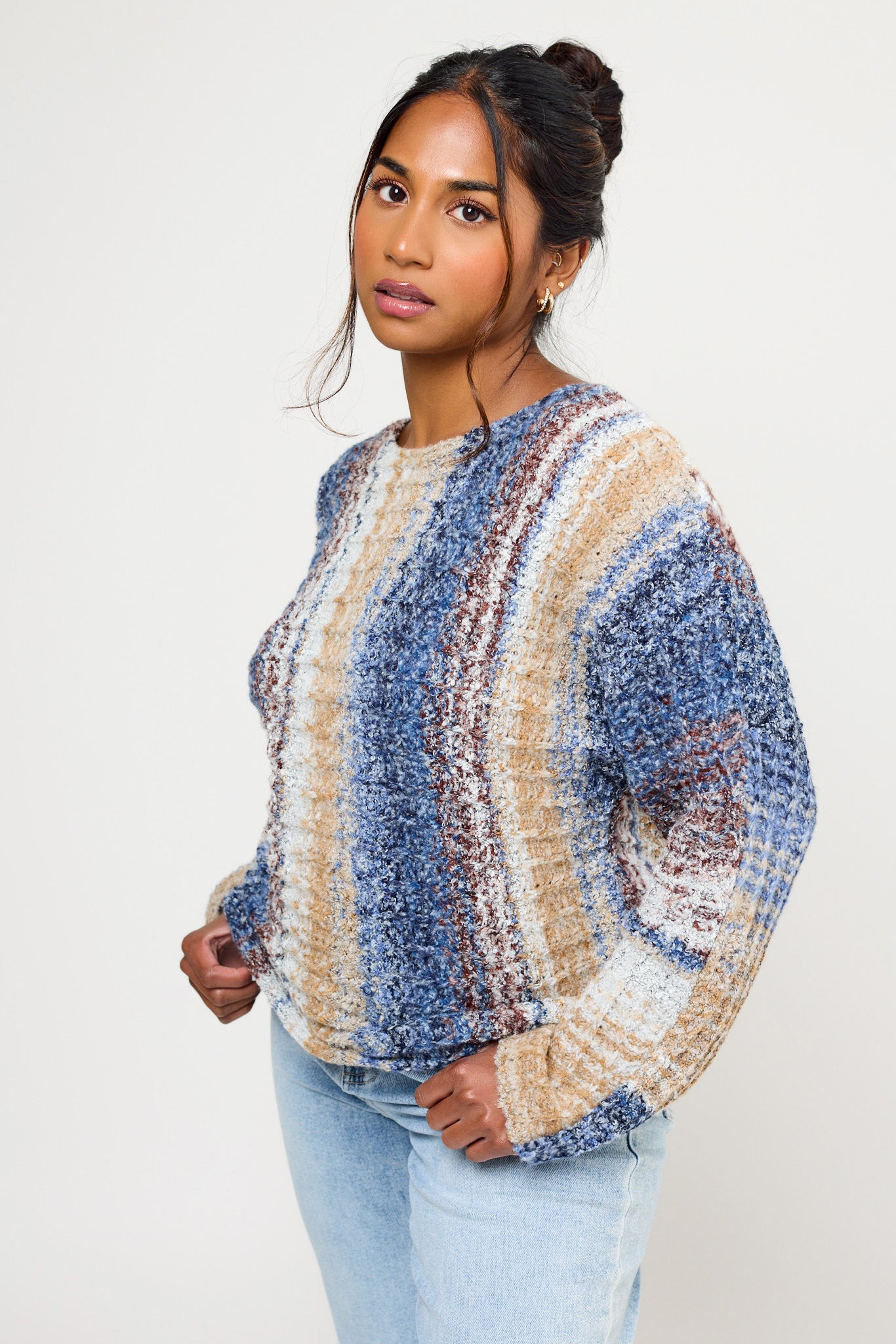 Space-Dye Stripe Dolman-Sleeve Boat-Neck Sweater