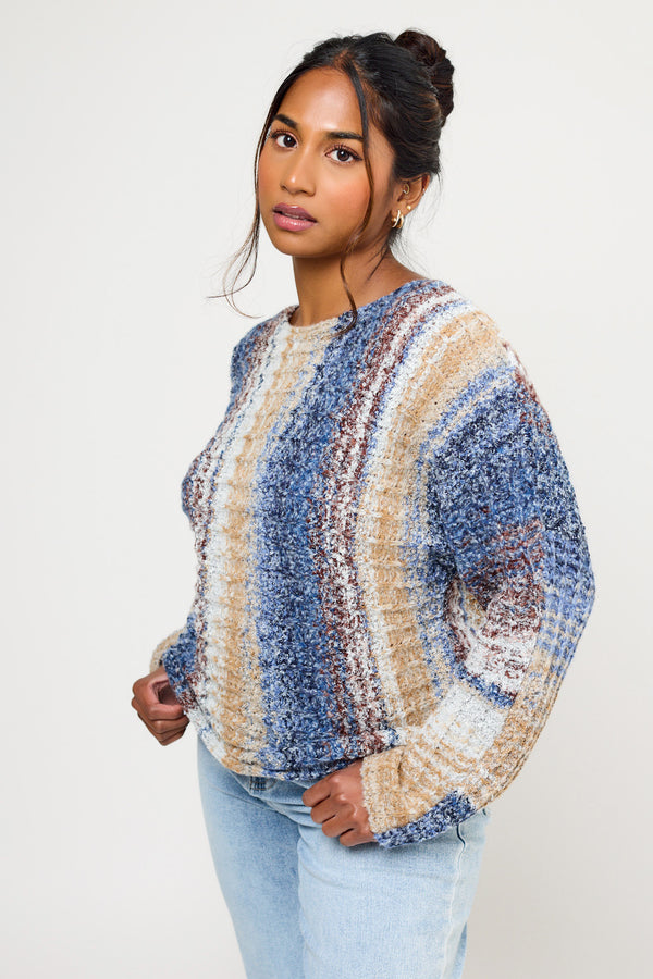 Space-Dye Stripe Dolman-Sleeve Boat-Neck Sweater