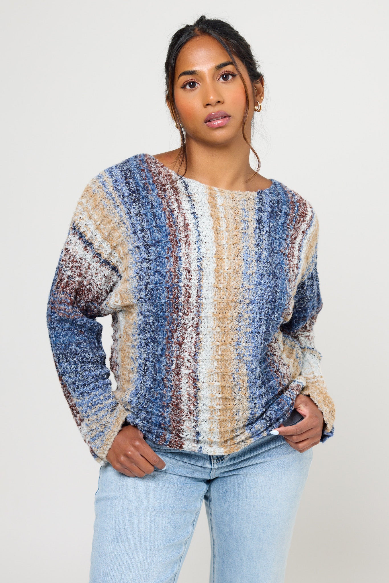 Space-Dye Stripe Dolman-Sleeve Boat-Neck Sweater