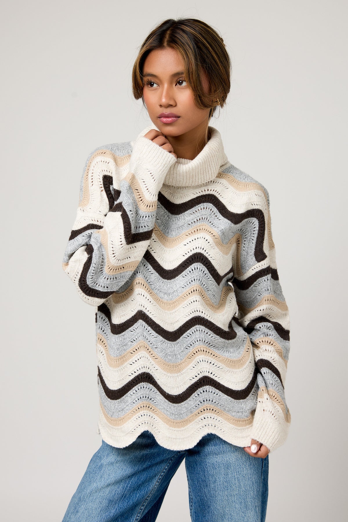 Wavy Stripe Open-Knit Turtleneck Sweater