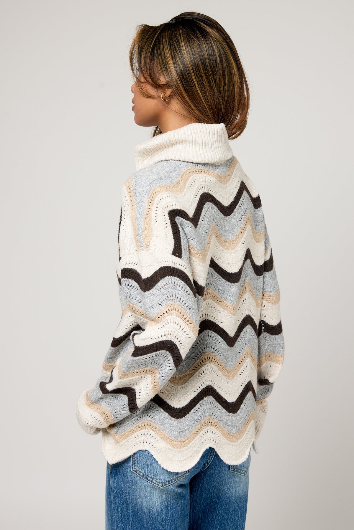 Wavy Stripe Open-Knit Turtleneck Sweater