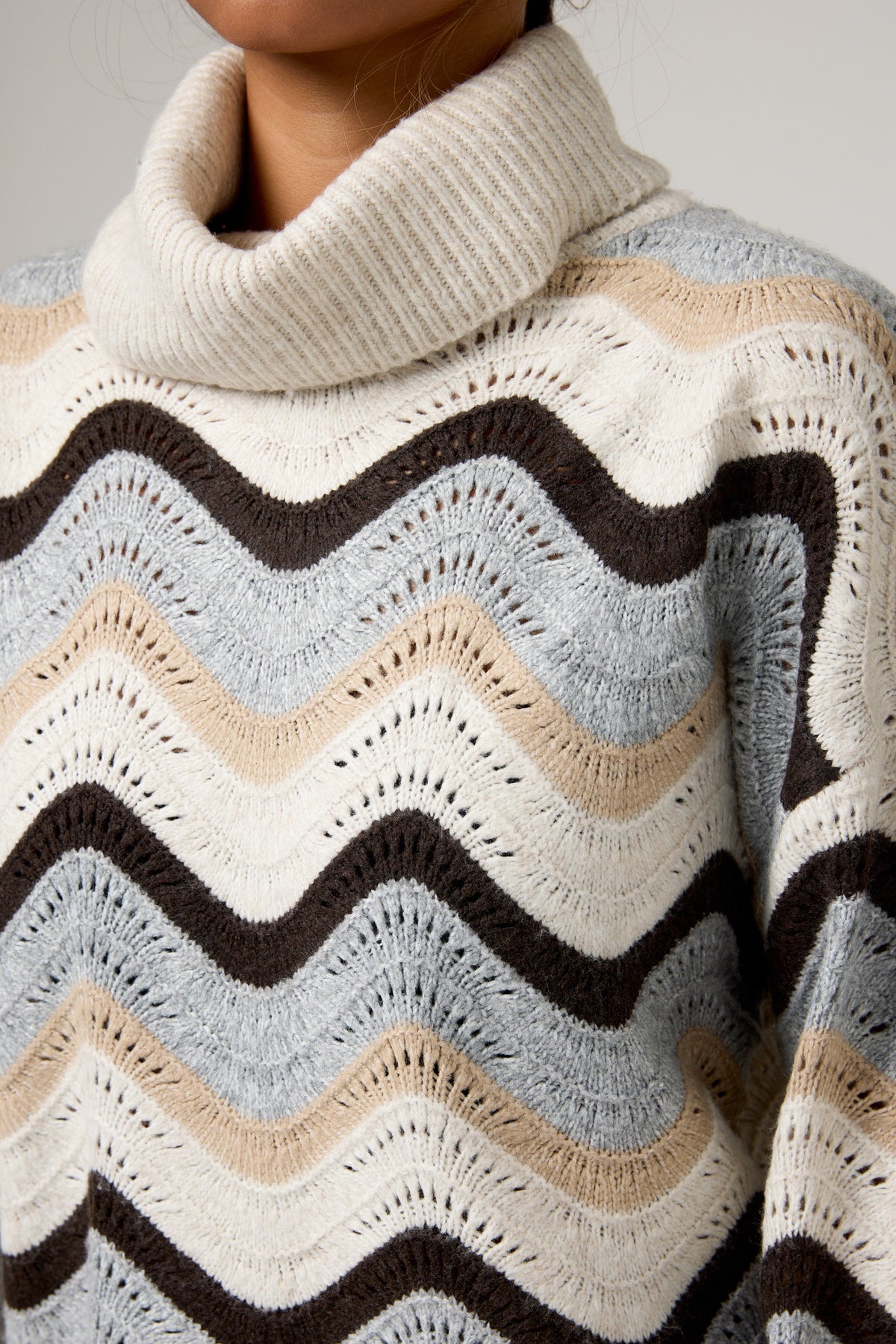 Wavy Stripe Open-Knit Turtleneck Sweater