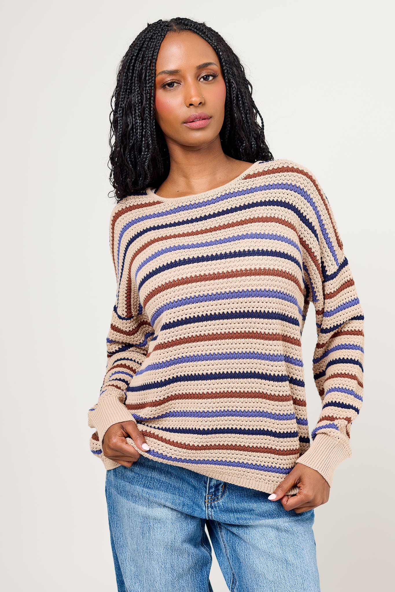 Striped Cotton Open-Knit Drop-Shoulder Sweater