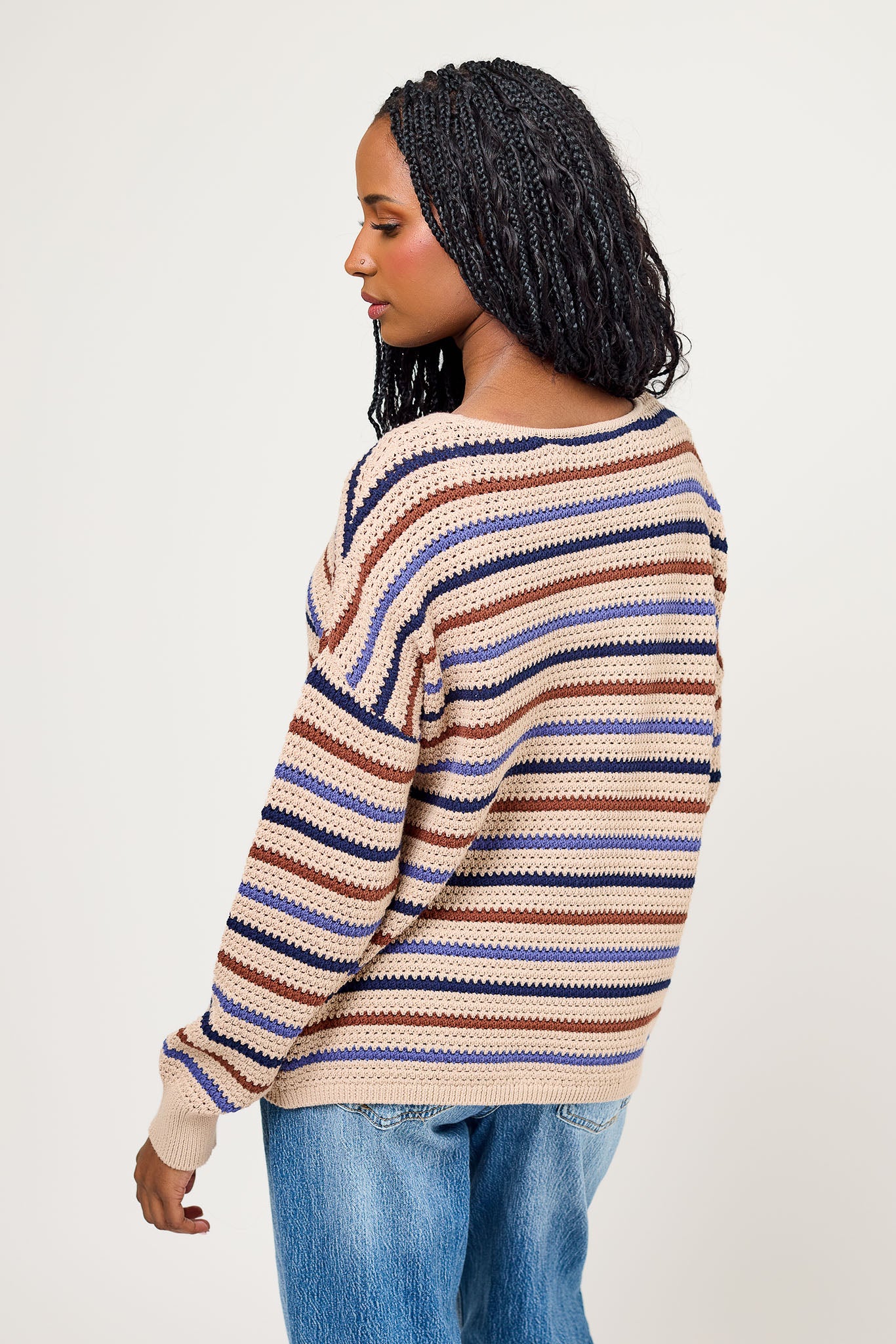 Striped Cotton Open-Knit Drop-Shoulder Sweater