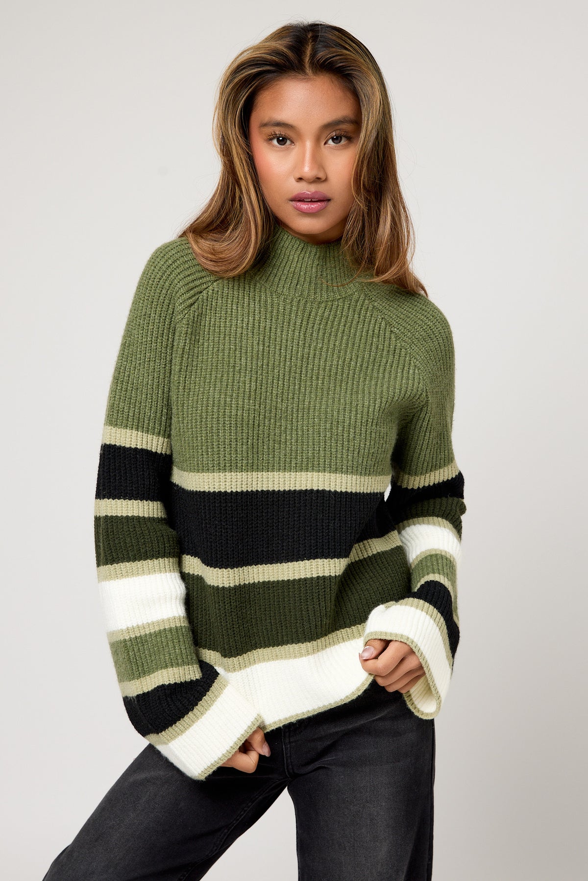 Striped Ribbed Mockneck Bell Sleeve Sweater