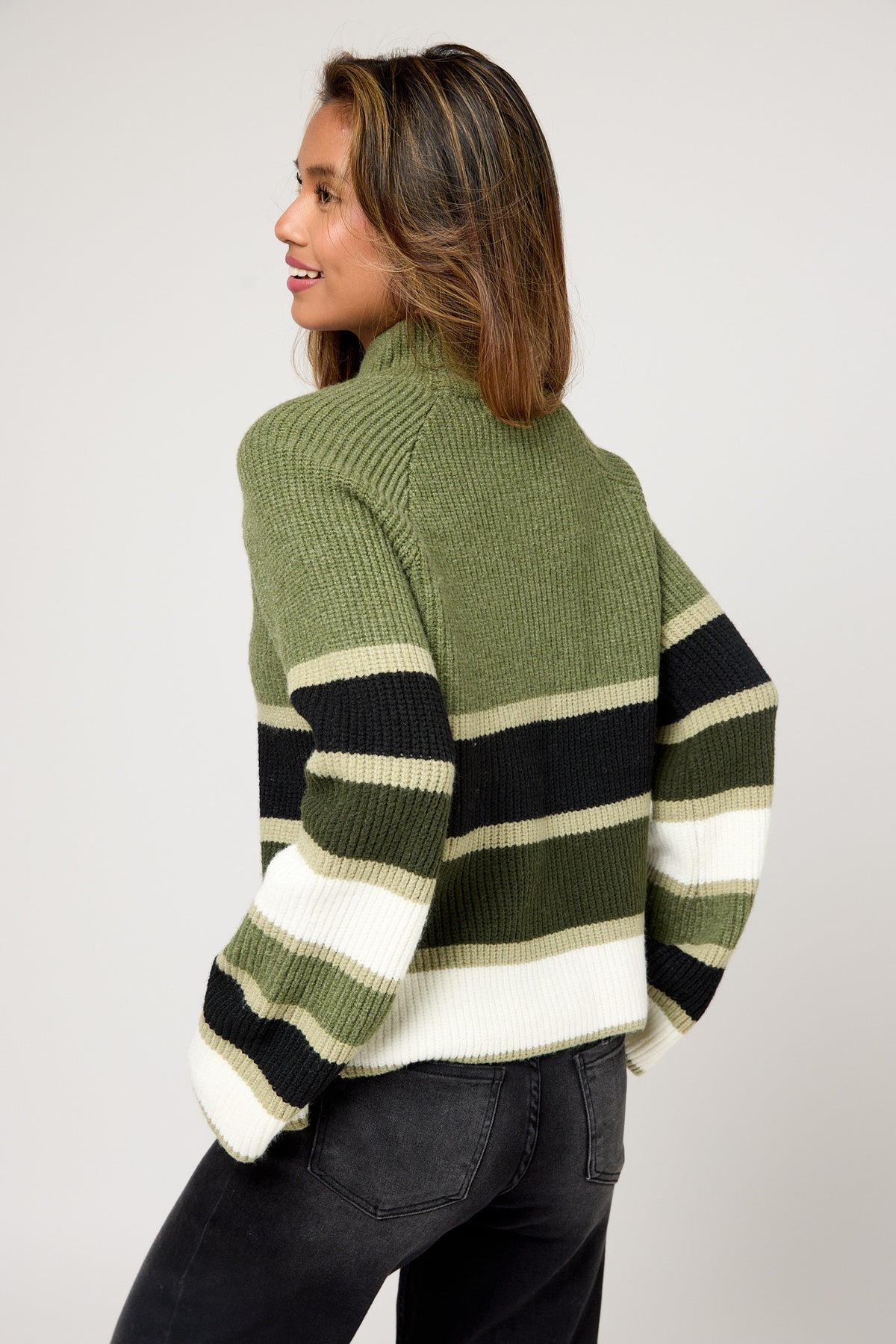 Striped Ribbed Mockneck Bell Sleeve Sweater