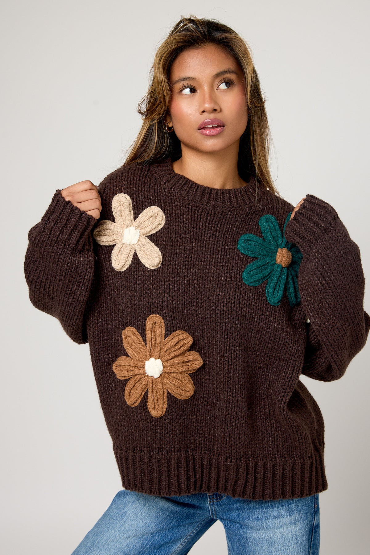 Chunky Knit Floral Oversized Drop Shoulder Sweater