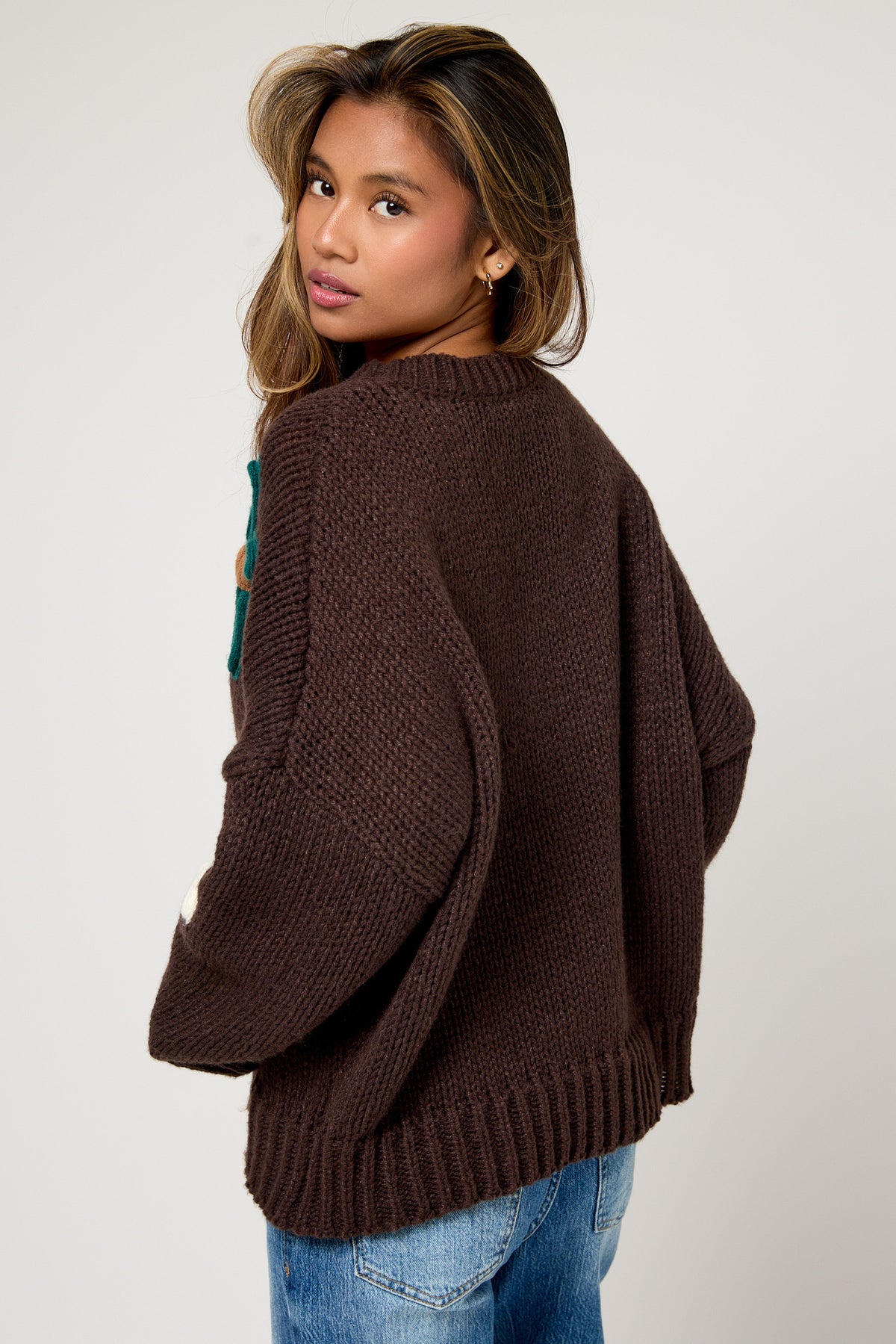 Chunky Knit Floral Oversized Drop Shoulder Sweater