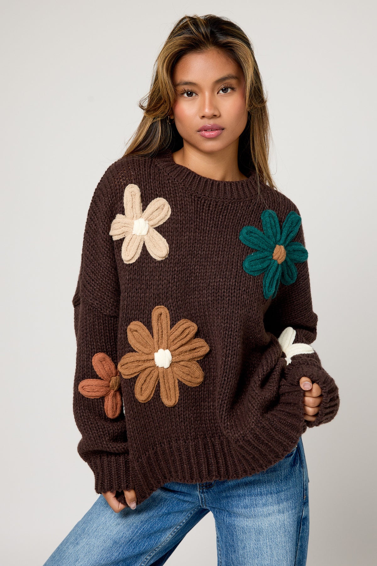 Chunky Knit Floral Oversized Drop Shoulder Sweater