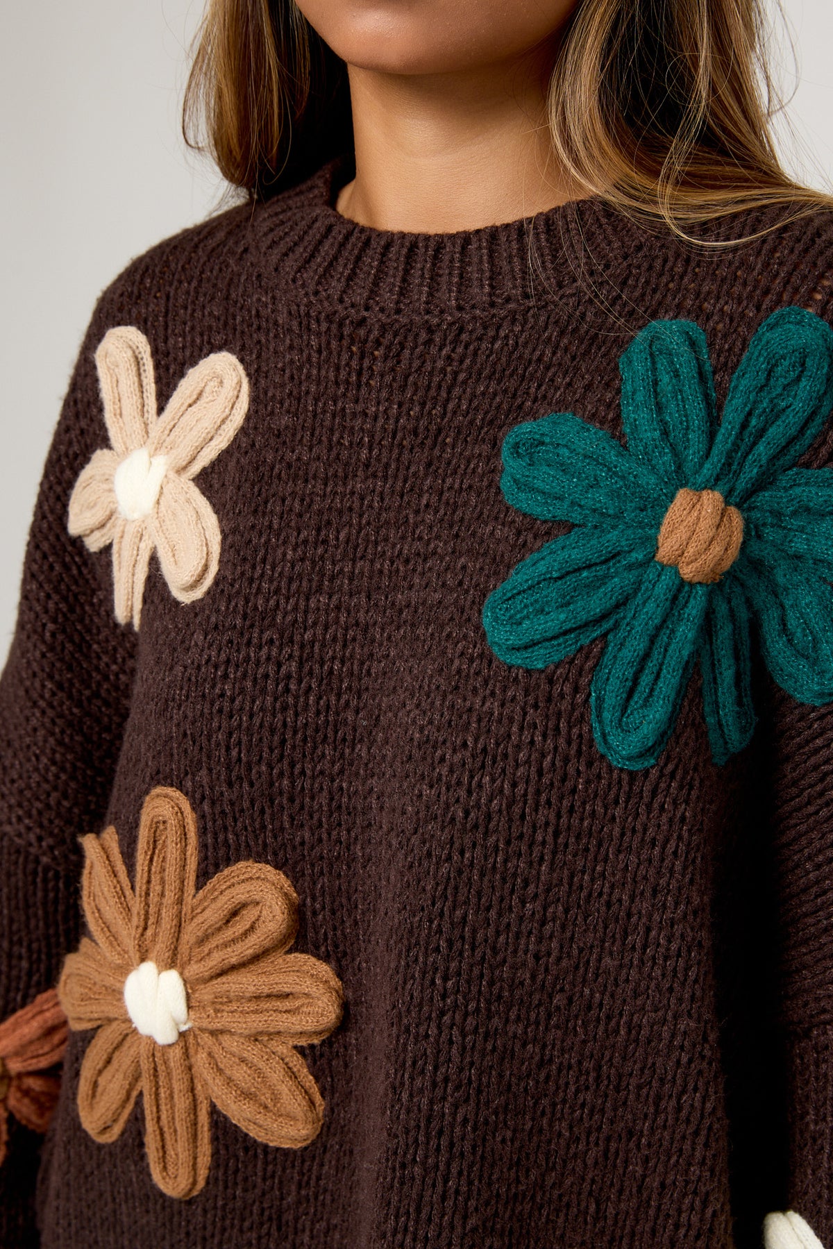 Chunky Knit Floral Oversized Drop Shoulder Sweater