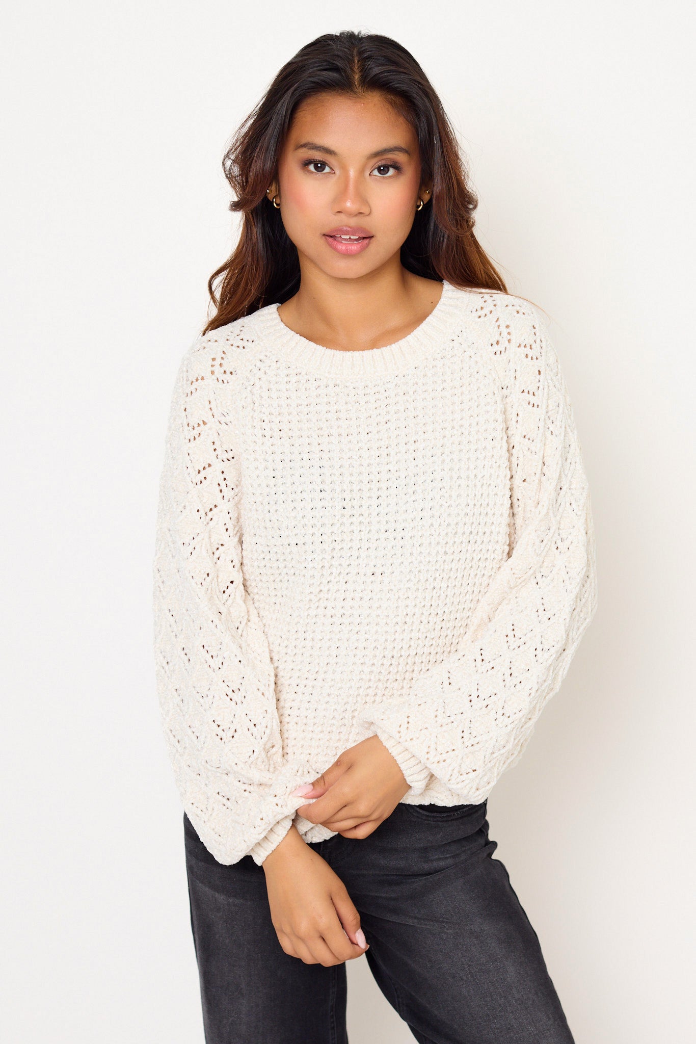 Chenille Pointelle Balloon-Sleeve Sweater