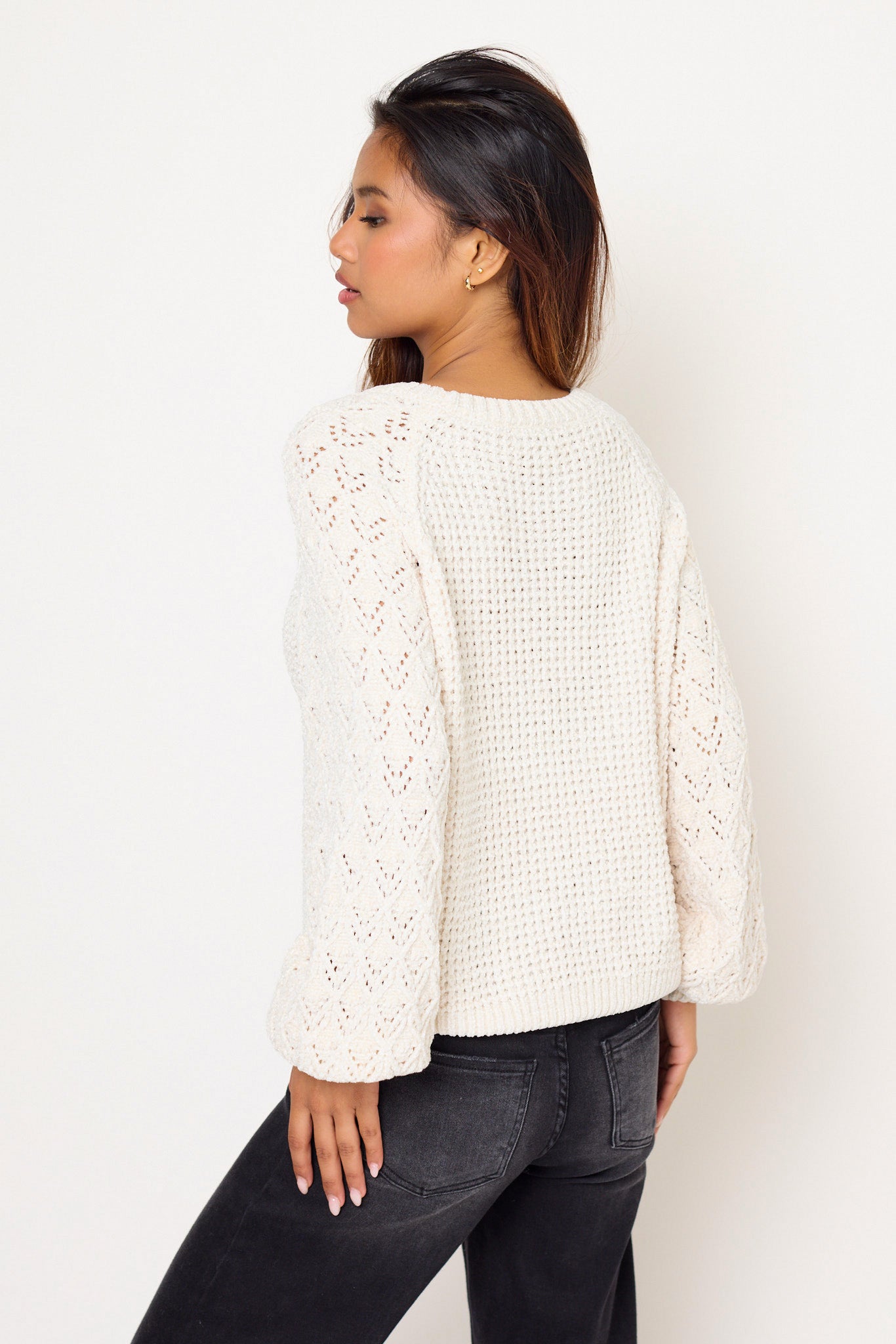 Chenille Pointelle Balloon-Sleeve Sweater