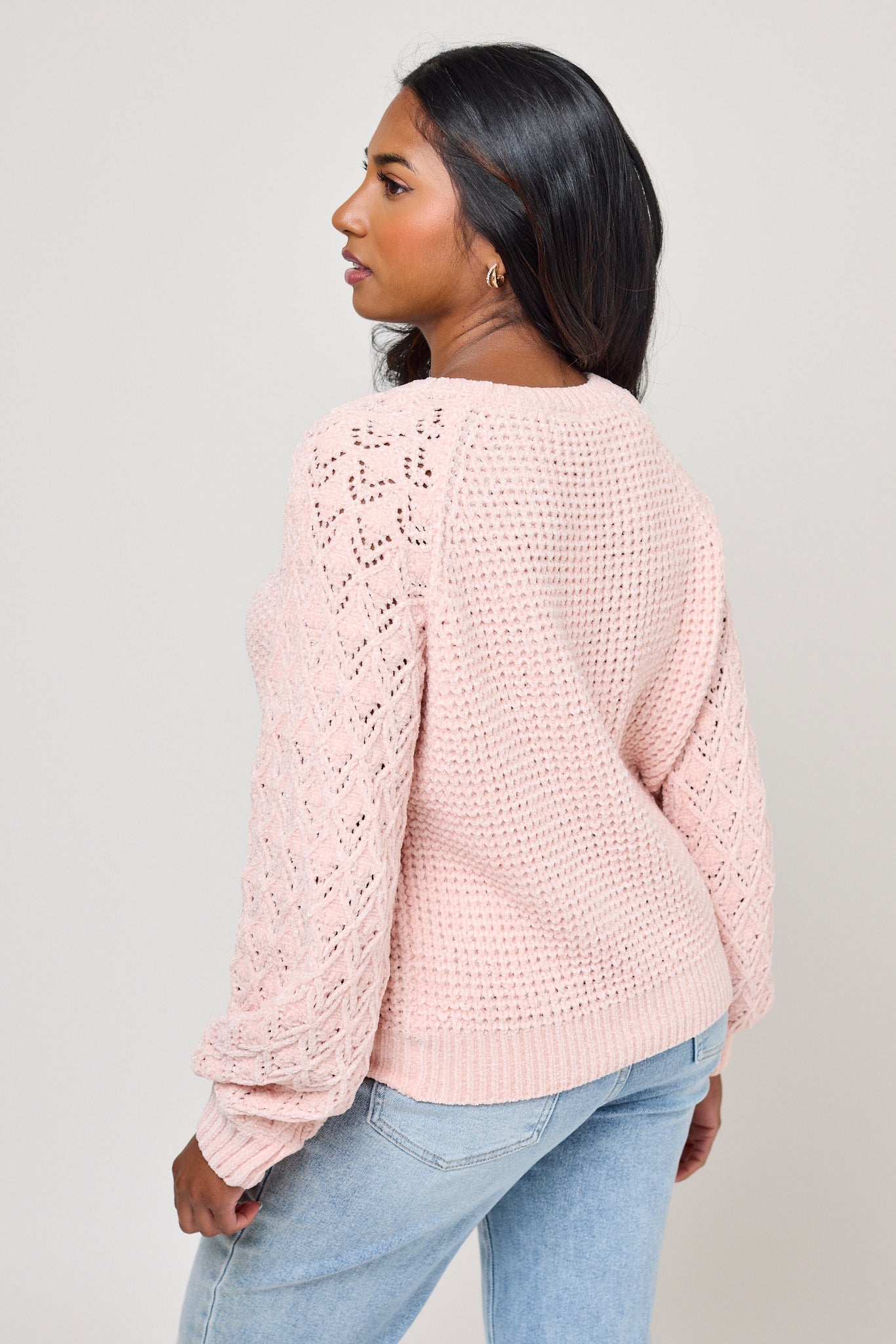 Chenille Pointelle Balloon-Sleeve Sweater