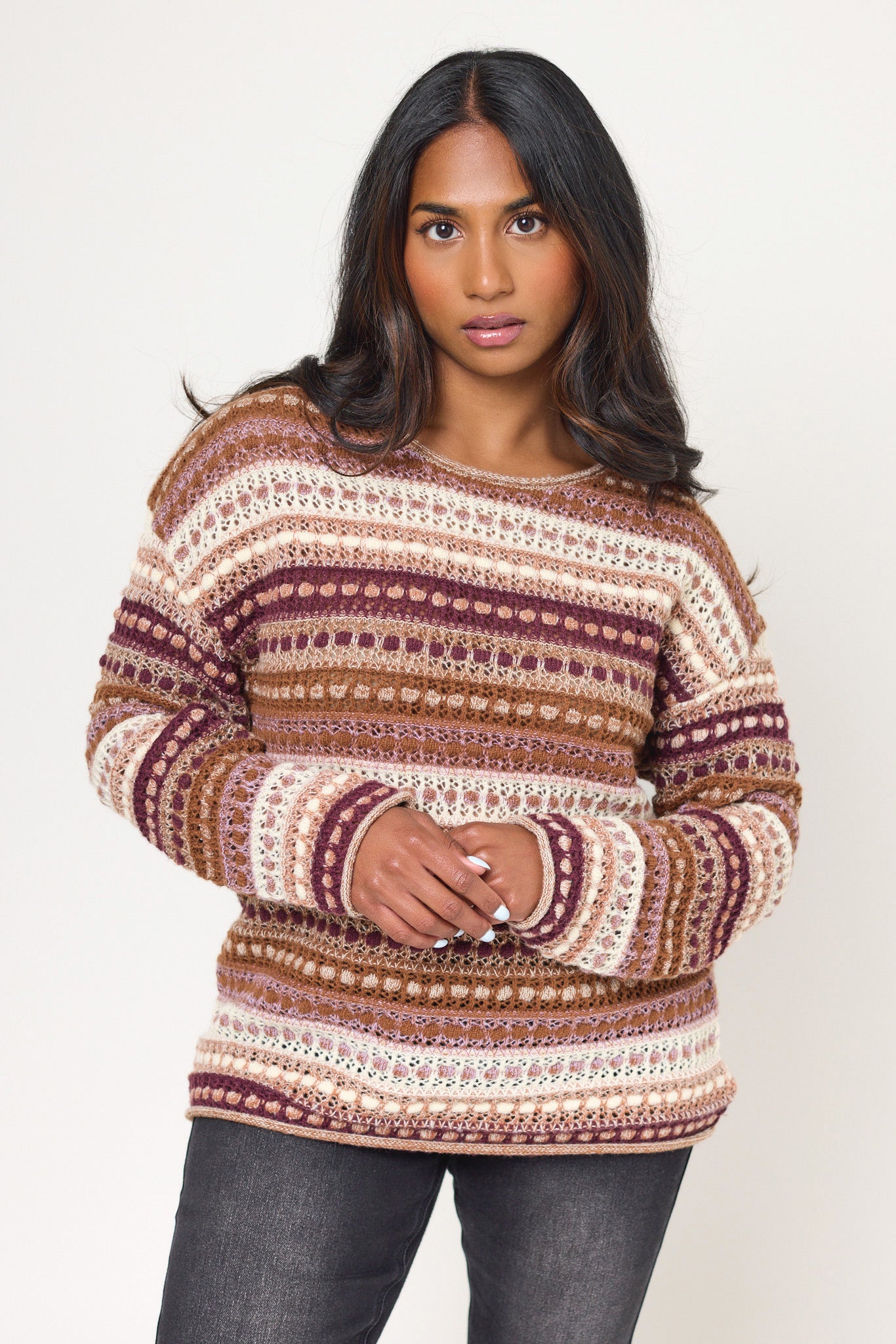 Striped Open-Knit Rolled-Edge Sweater