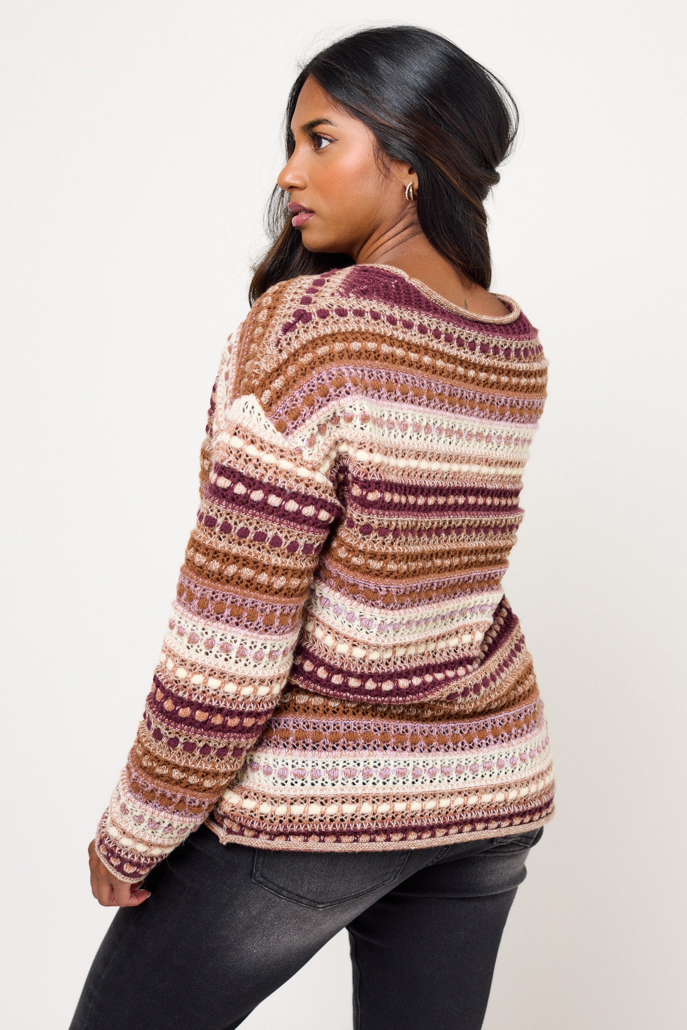 Striped Open-Knit Rolled-Edge Sweater