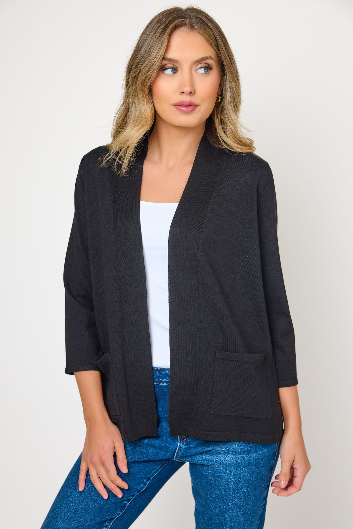 Fine Guage 3/4 Sleeve Cardigan with Side Slits