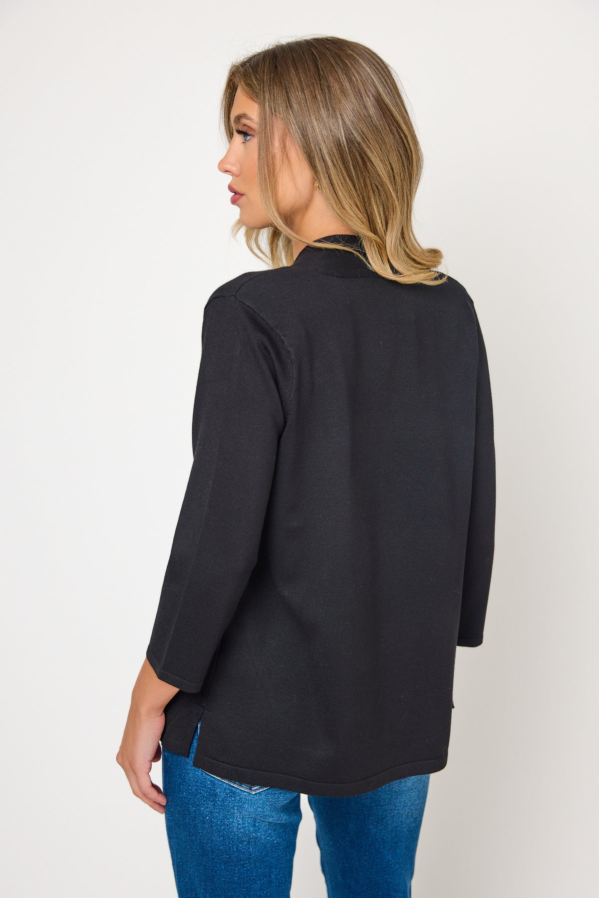 Fine Guage 3/4 Sleeve Cardigan with Side Slits