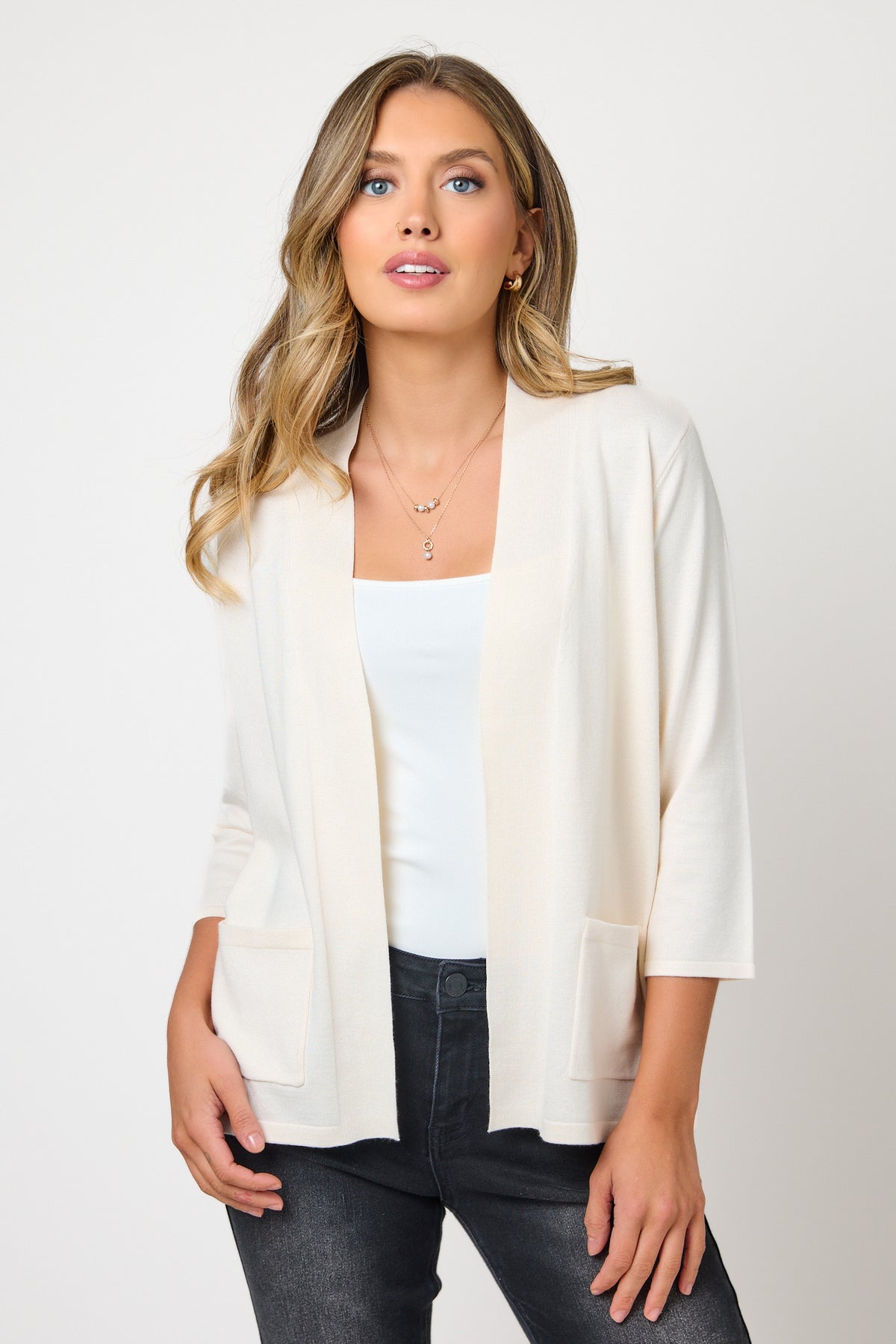 Fine Guage 3/4 Sleeve Cardigan with Side Slits