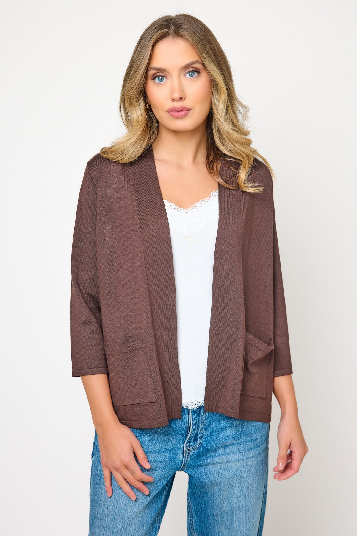 Fine Guage 3/4 Sleeve Cardigan with Side Slits
