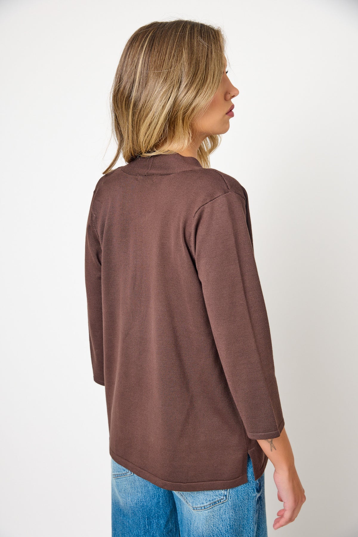 Fine Guage 3/4 Sleeve Cardigan with Side Slits
