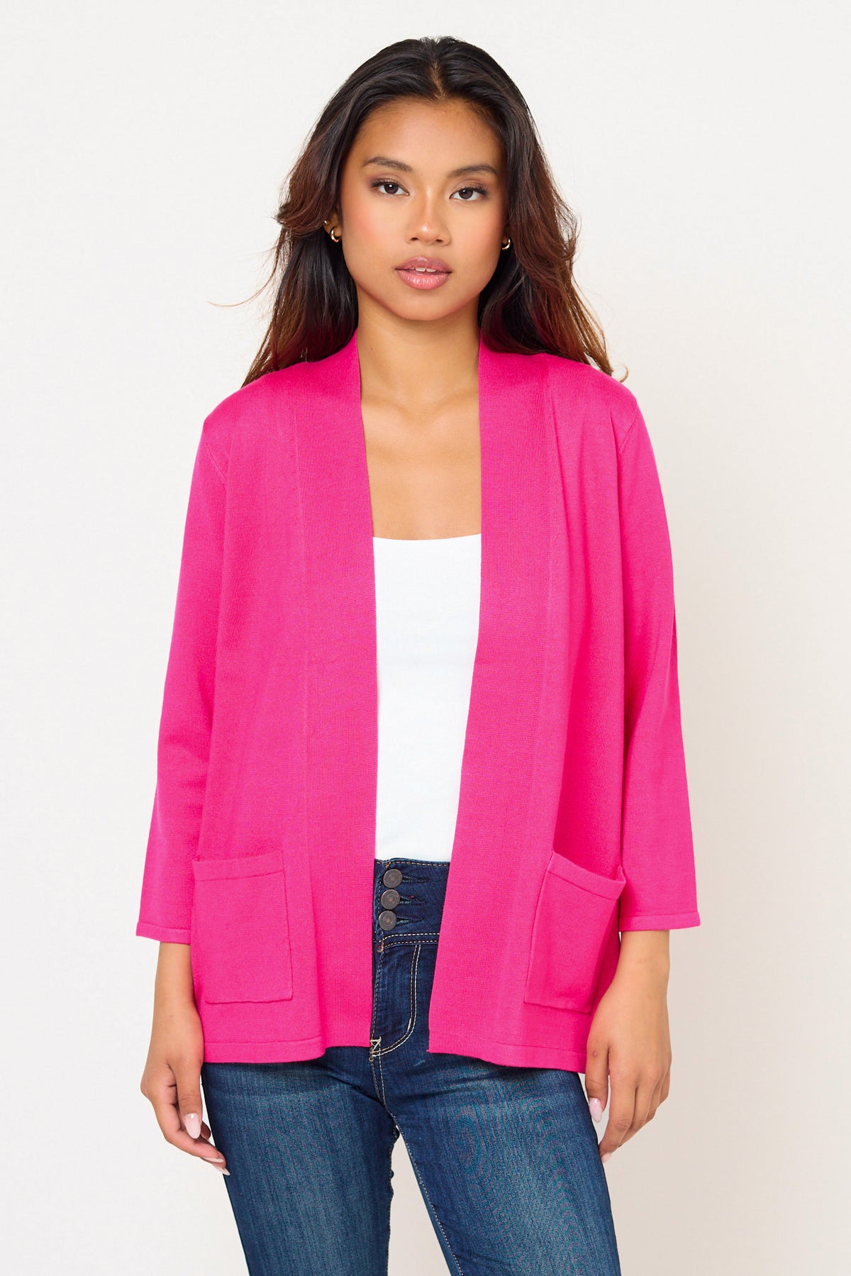 Fine Guage 3/4 Sleeve Cardigan with Side Slits