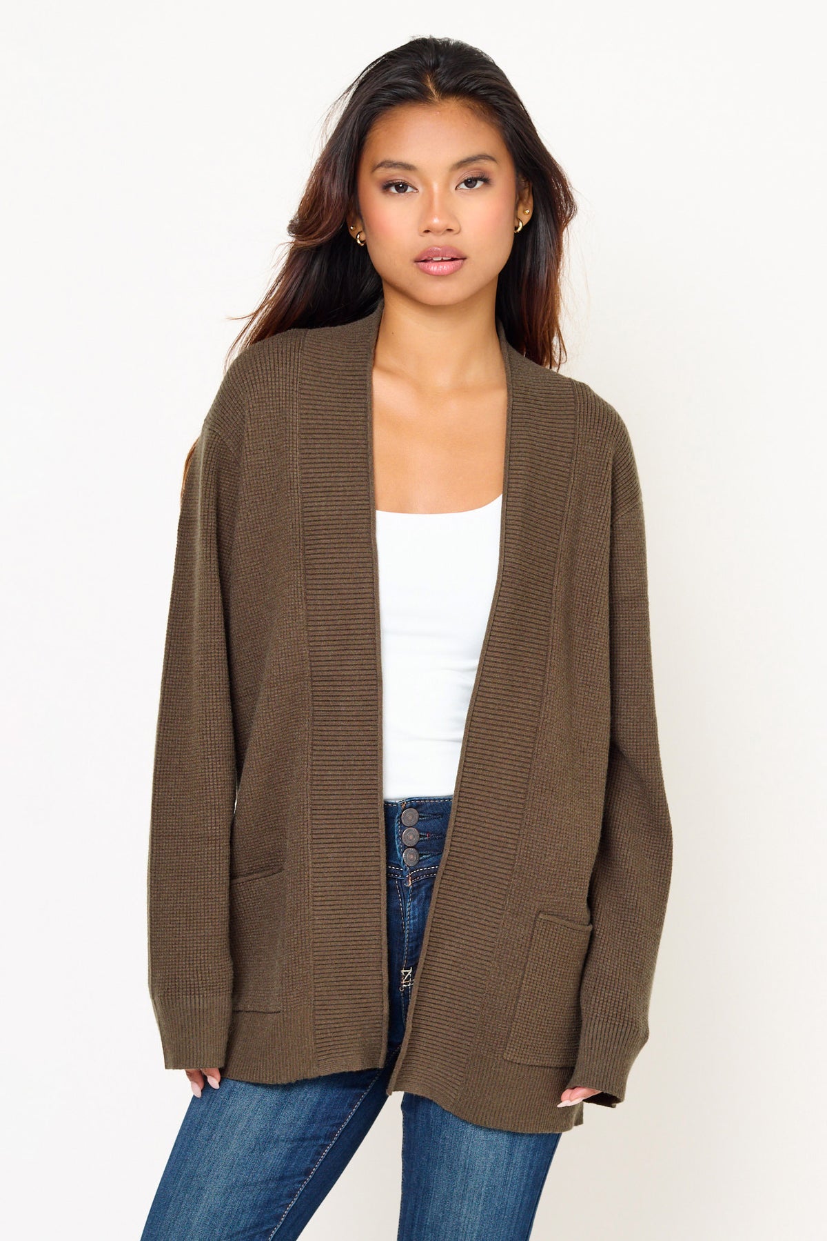 Waffle Knit Open Cardigan
