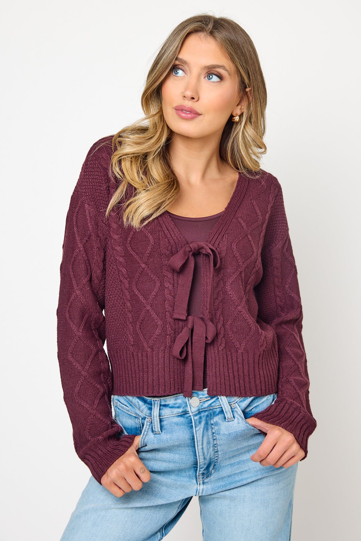 Cable Long Sleeve Cardigan with Tie Front
