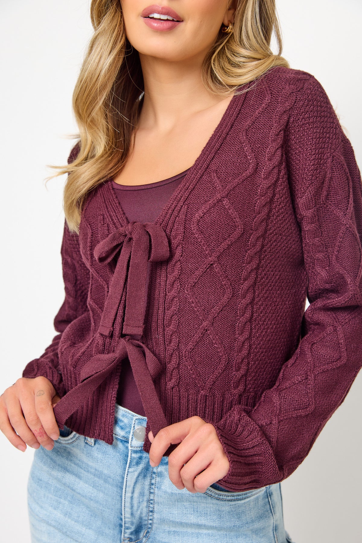 Cable Long Sleeve Cardigan with Tie Front