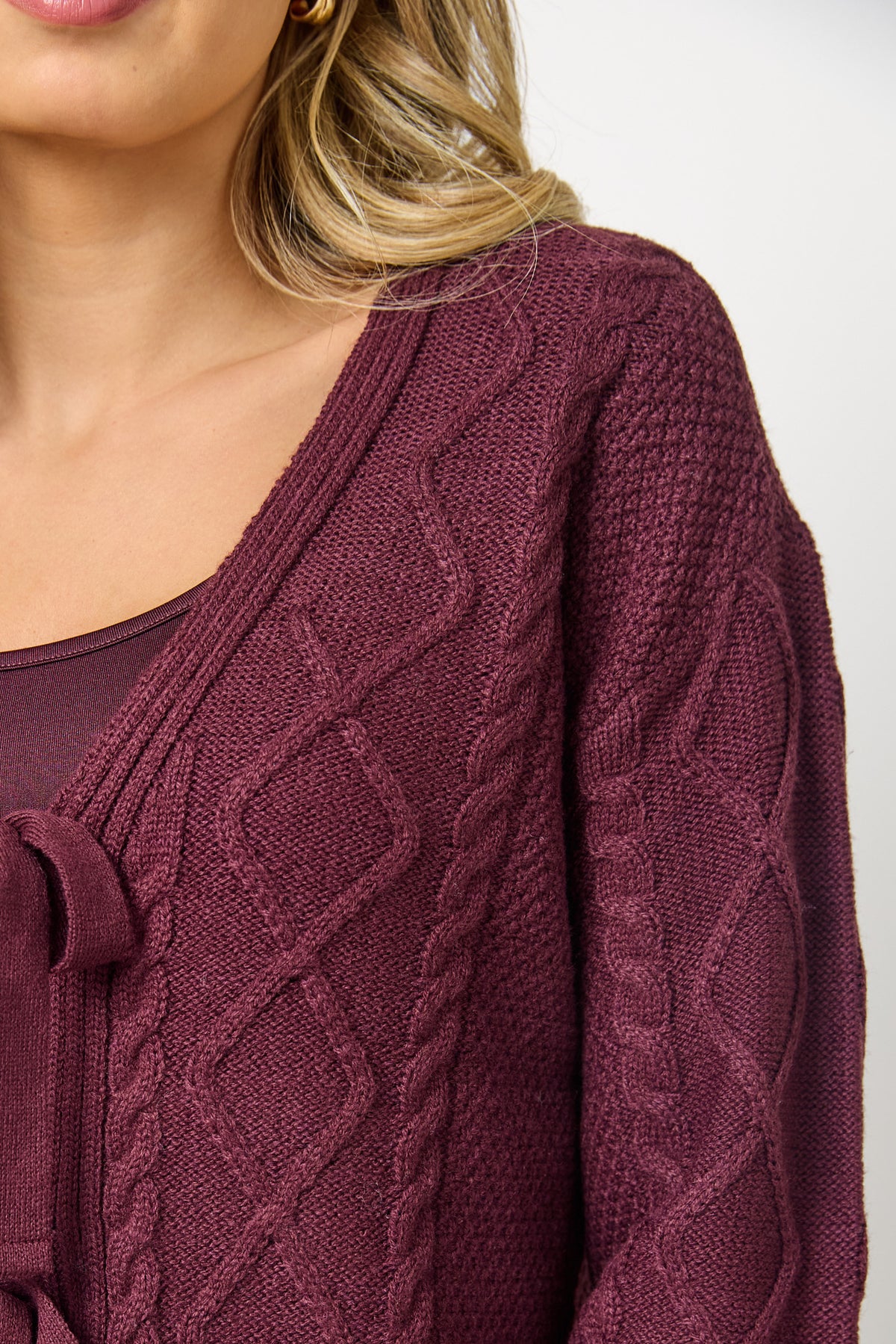 Cable Long Sleeve Cardigan with Tie Front