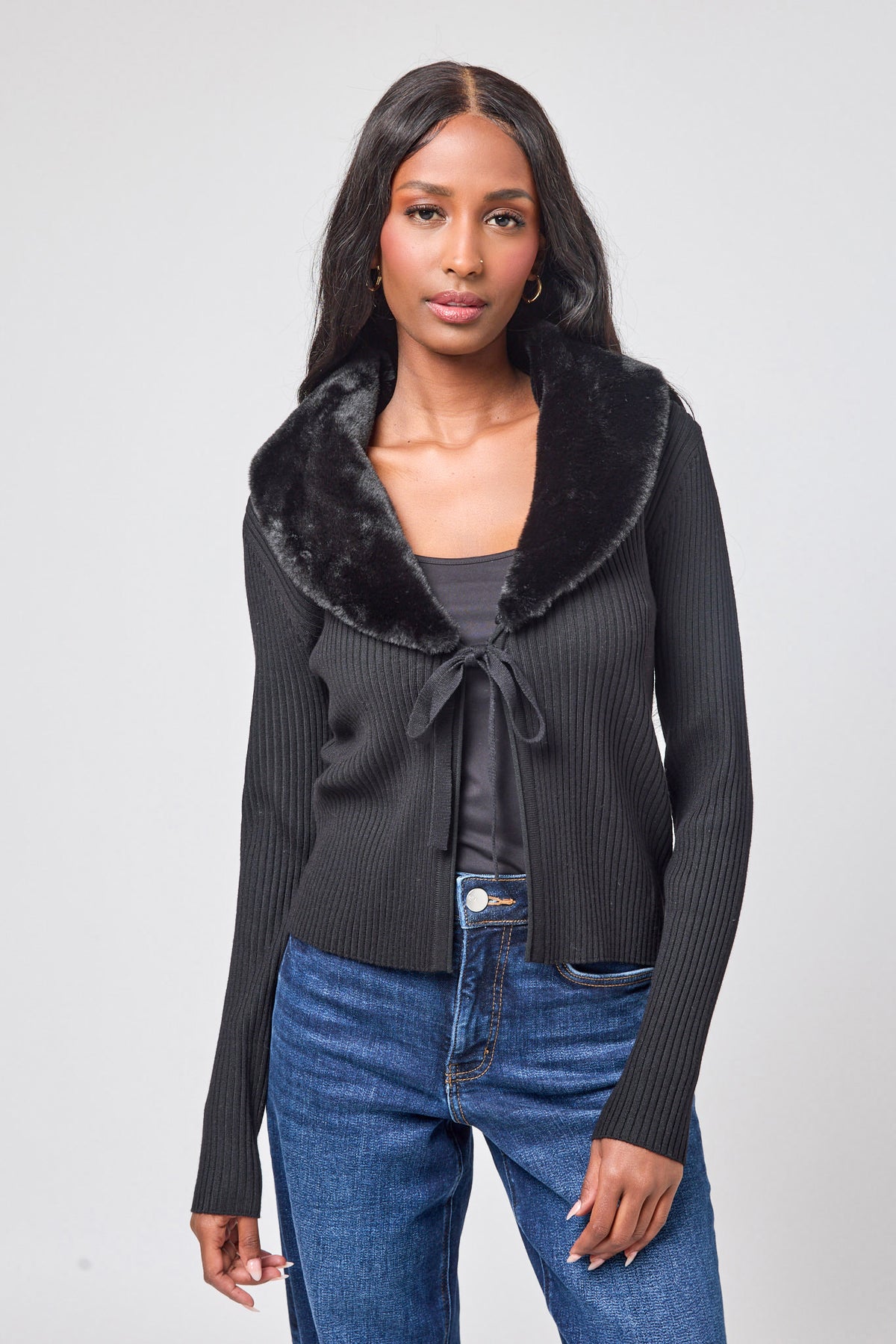 Long Sleeve Tie-Front Cardigan with Detachable Fur Collar
