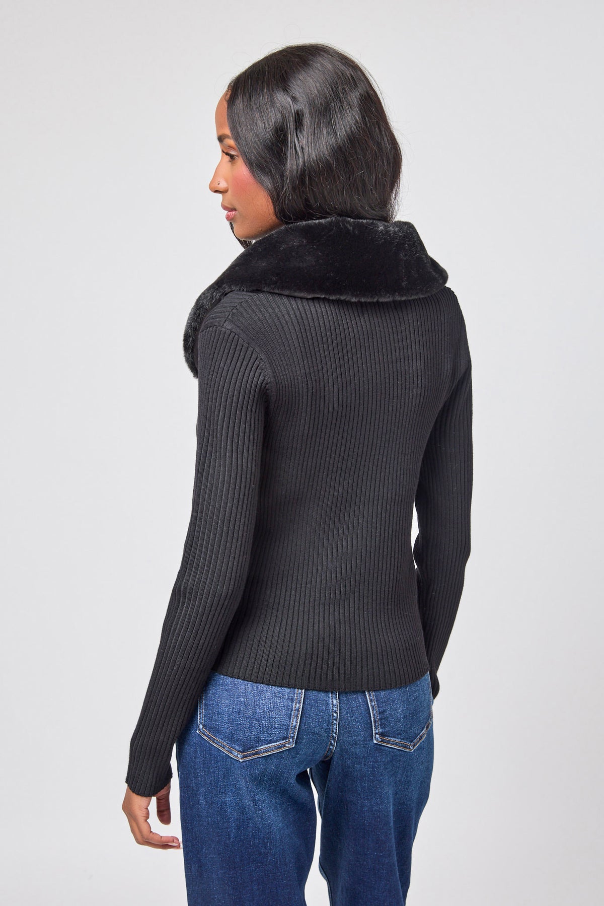 Long Sleeve Tie-Front Cardigan with Detachable Fur Collar