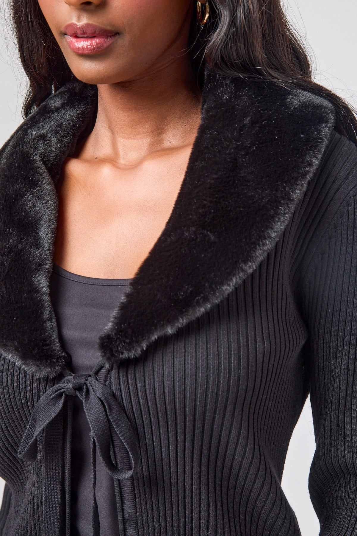 Long Sleeve Tie-Front Cardigan with Detachable Fur Collar