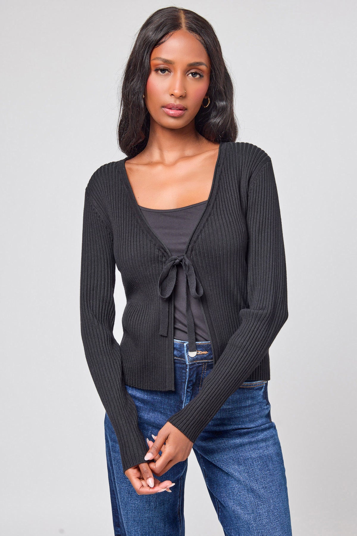 Long Sleeve Tie-Front Cardigan with Detachable Fur Collar