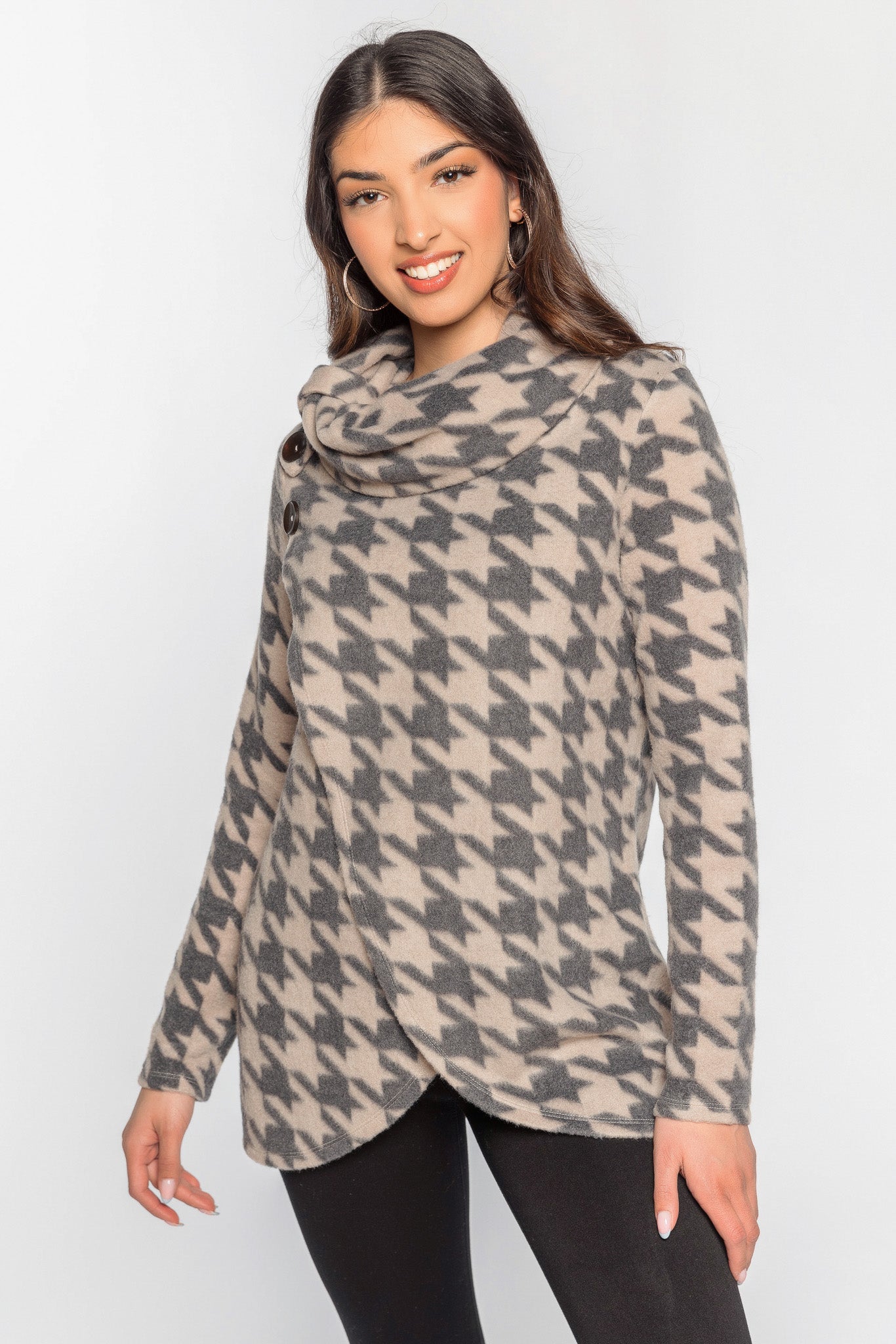 Houndstooth Plush Cowl Neck Sweater