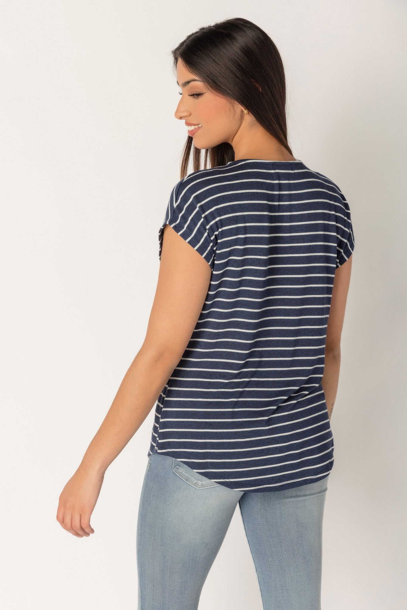Stripe Cap Sleeve Sweater with Shirttail Hem