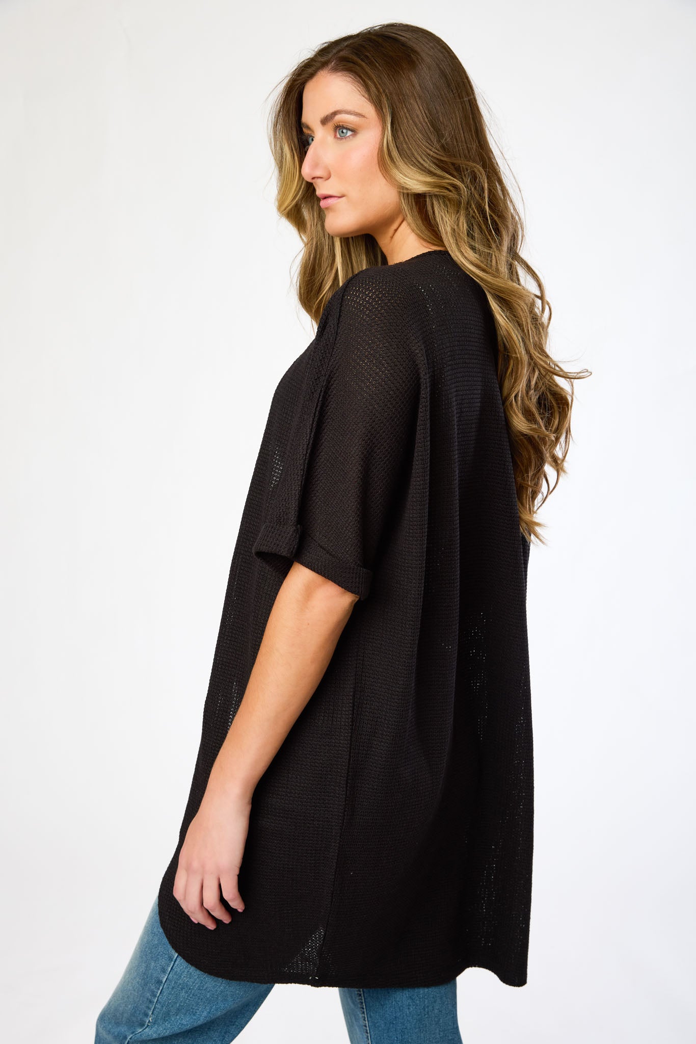 Waffle Knit Short Sleeve Cocoon Cardigan – Eclipse