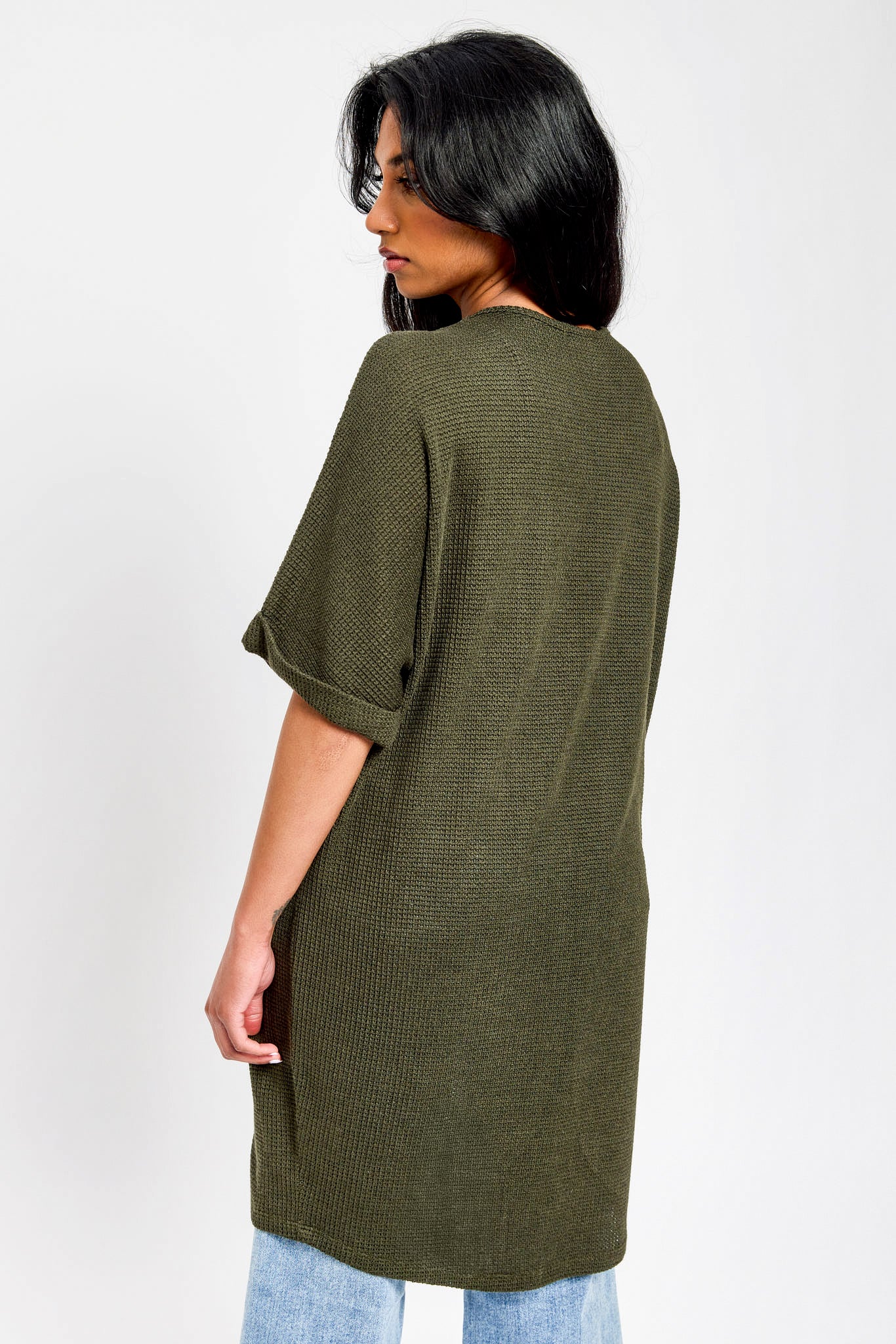 Waffle Knit Short Sleeve Cocoon Cardigan