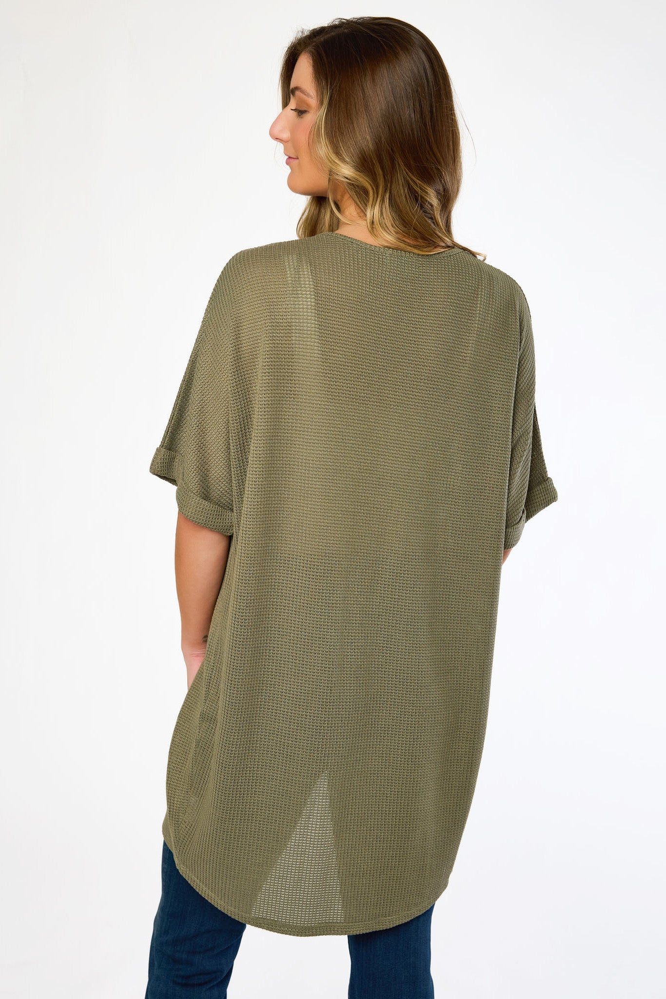 Waffle Knit Short Sleeve Cocoon Cardigan