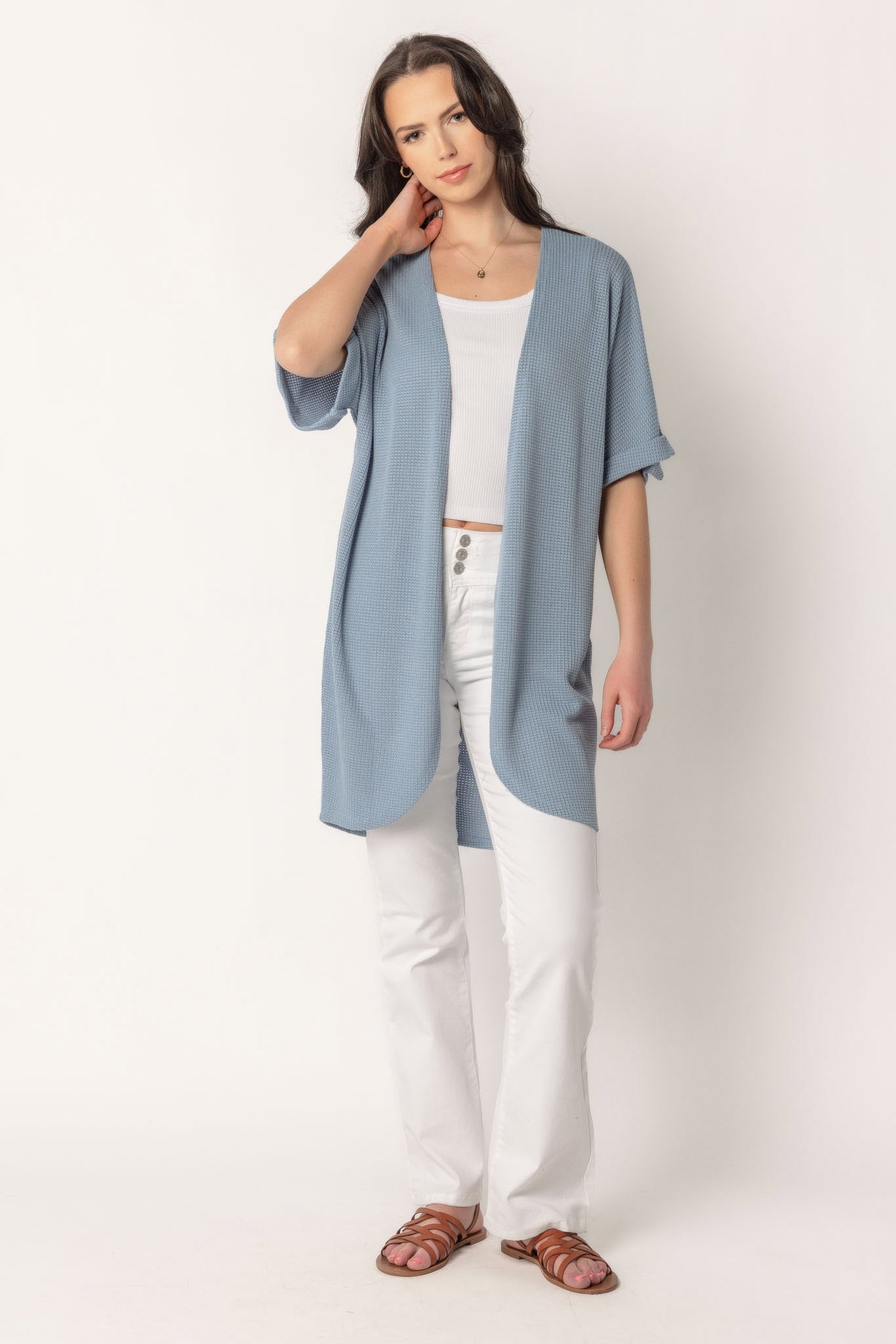 Waffle Knit Short Sleeve Cocoon Cardigan