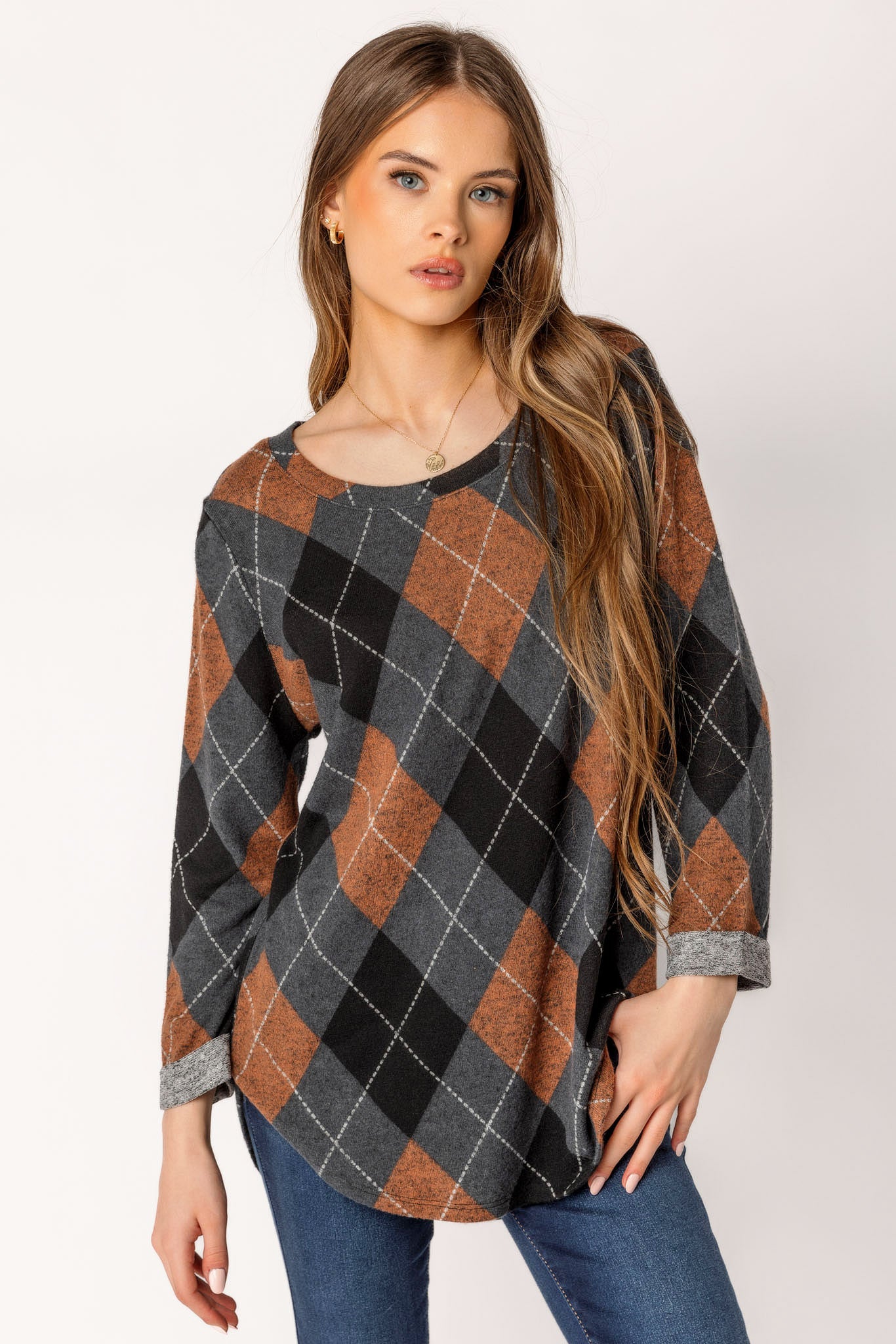 Argyle Print 3/4 Sleeve Scoopneck Supersoft Sweater