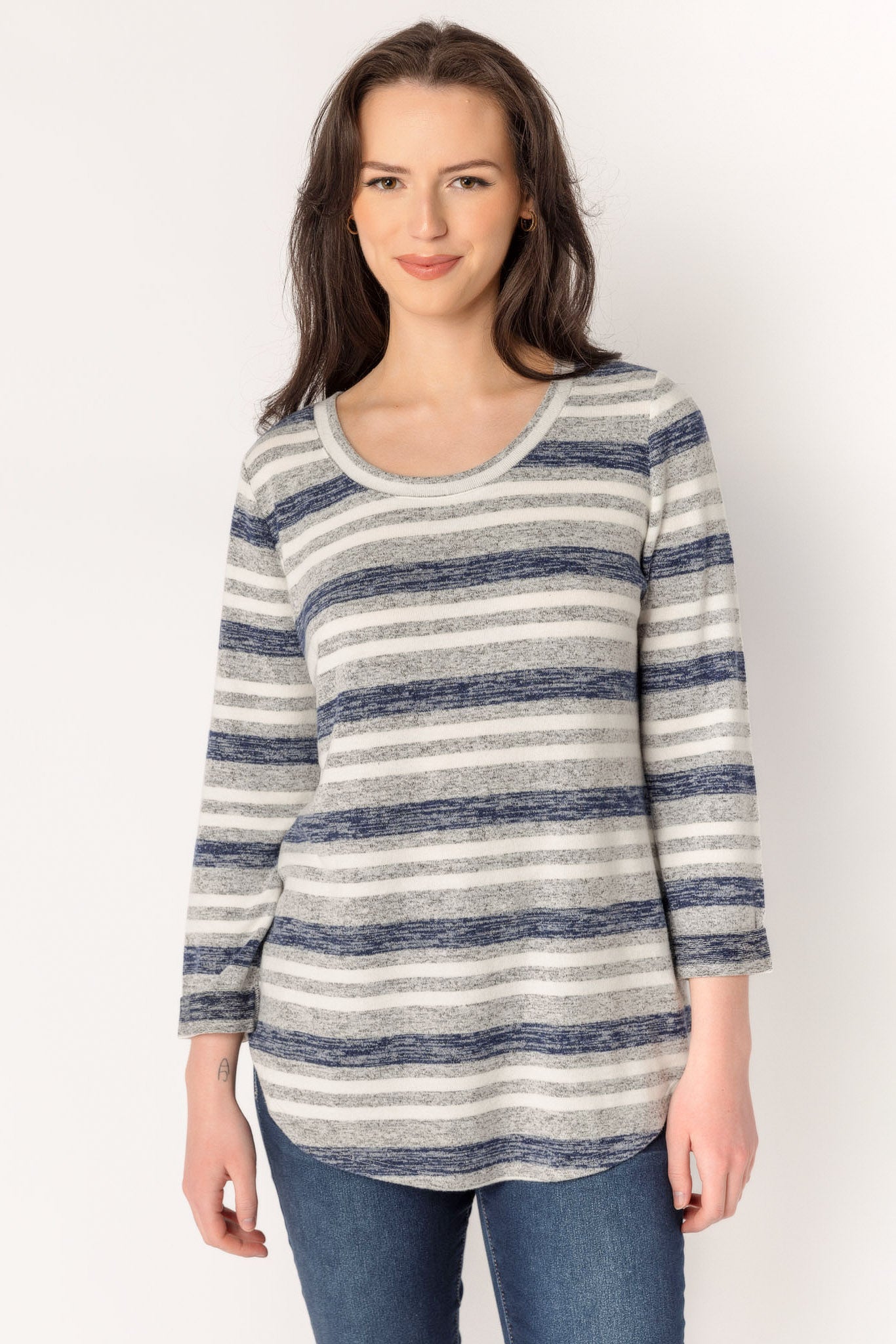 3/4 Sleeve Stripe Print Supersoft Sweater