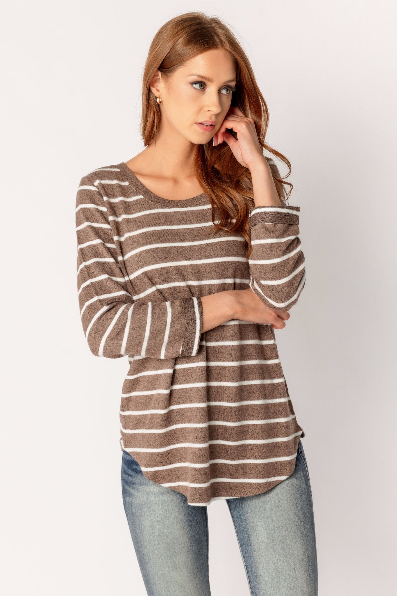 3/4 Sleeve Stripe Print Supersoft Scoopneck Sweater